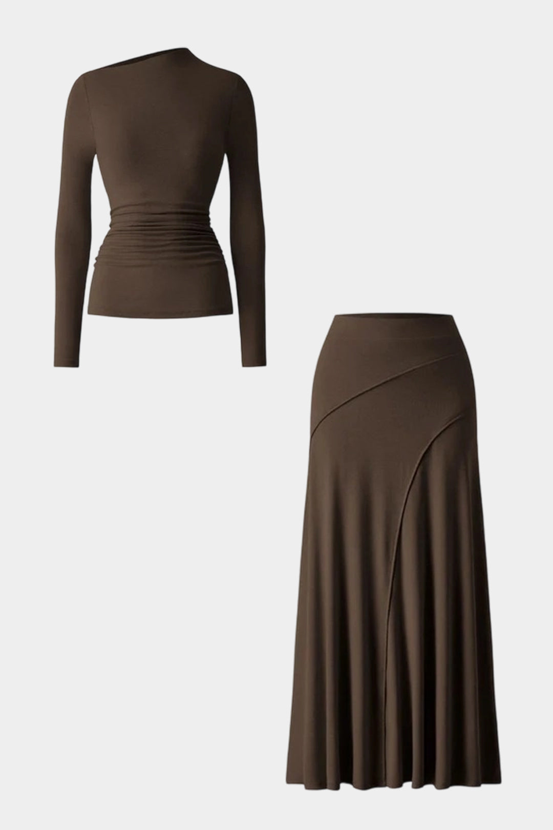 Asymmetrical Neck Long-Sleeve Top And Stitching Detail Skirt Set