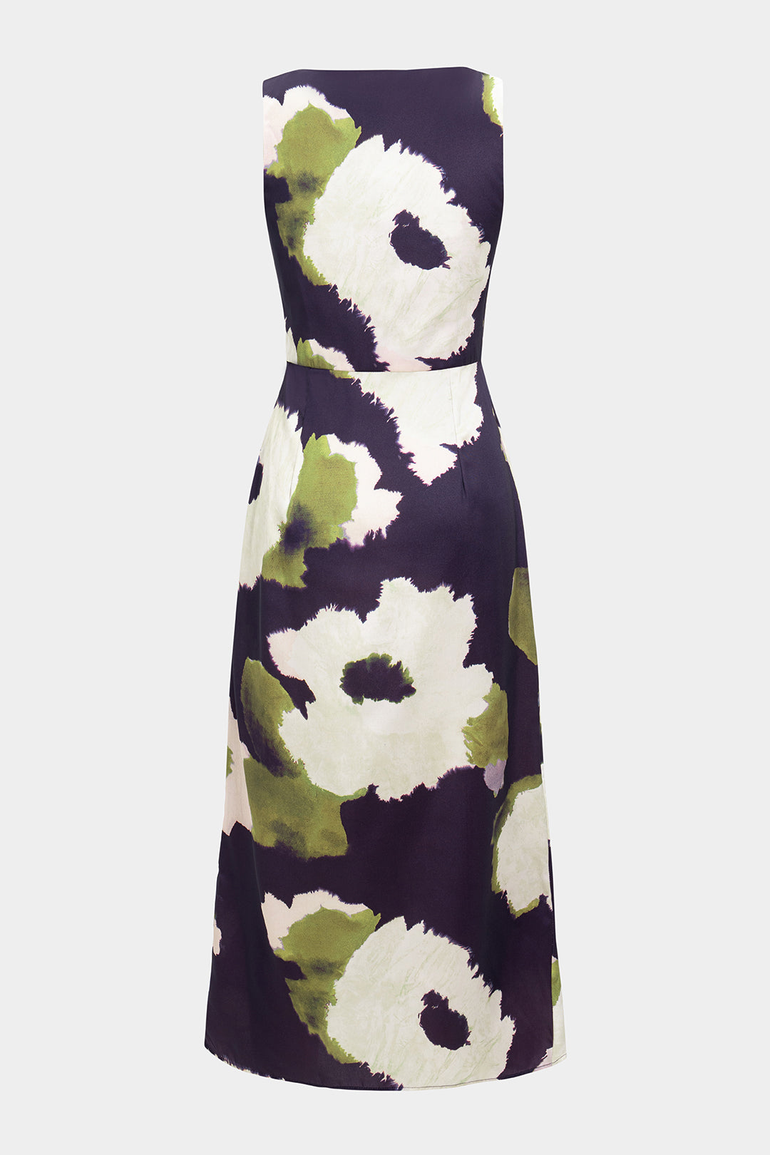 Abstract print satin ruffle sleeveless maxi dress