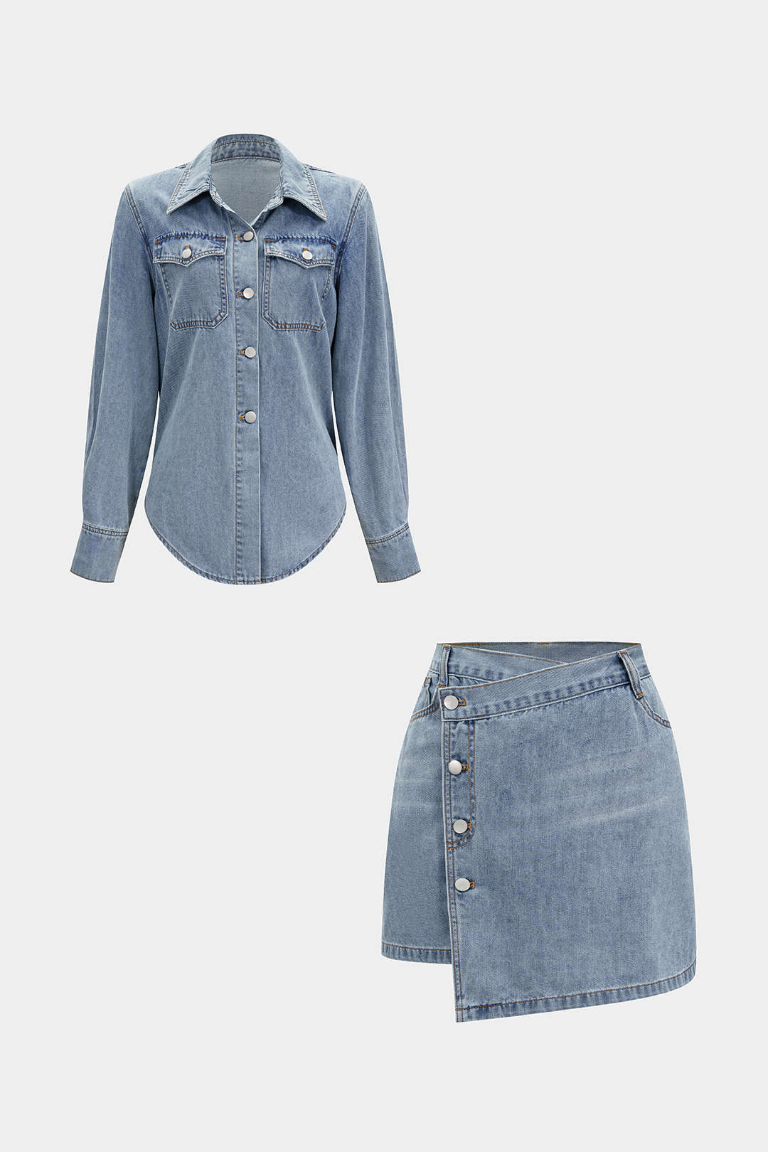 Denim Button Long-Sleeve Top And High Waist Mini Skirt Set