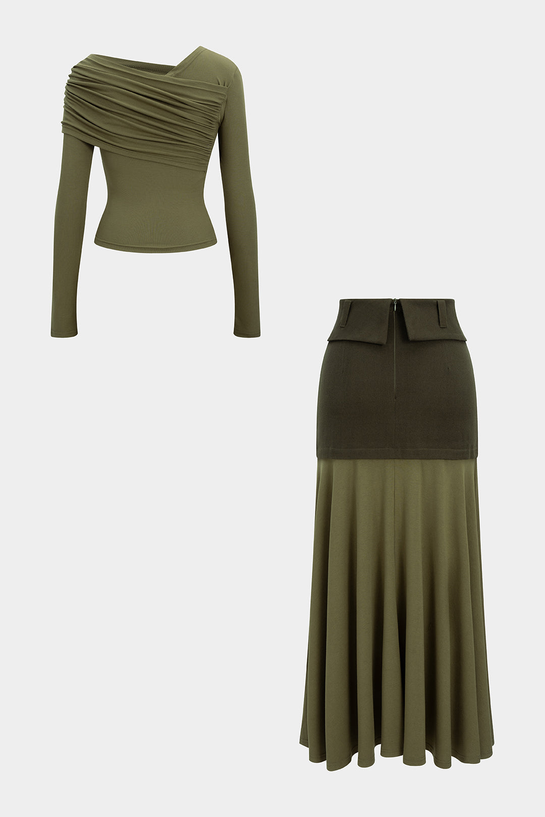 Asymmetrical Neck Ruched Long-Sleeve Top And Suede Patchwork Skirt Set