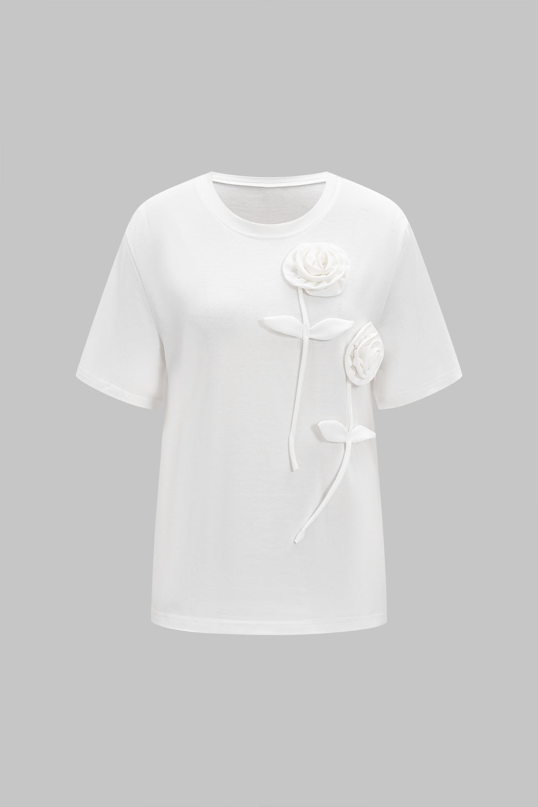 3D Floral Round Neck Short Sleeve T-Shirt