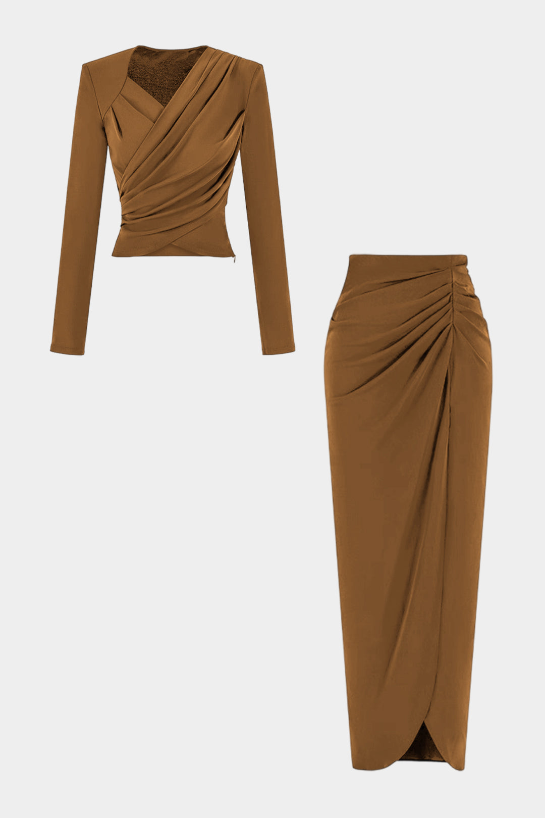 Asymmetrical Neck Ruched Long-Sleeve Top And Skirt Set