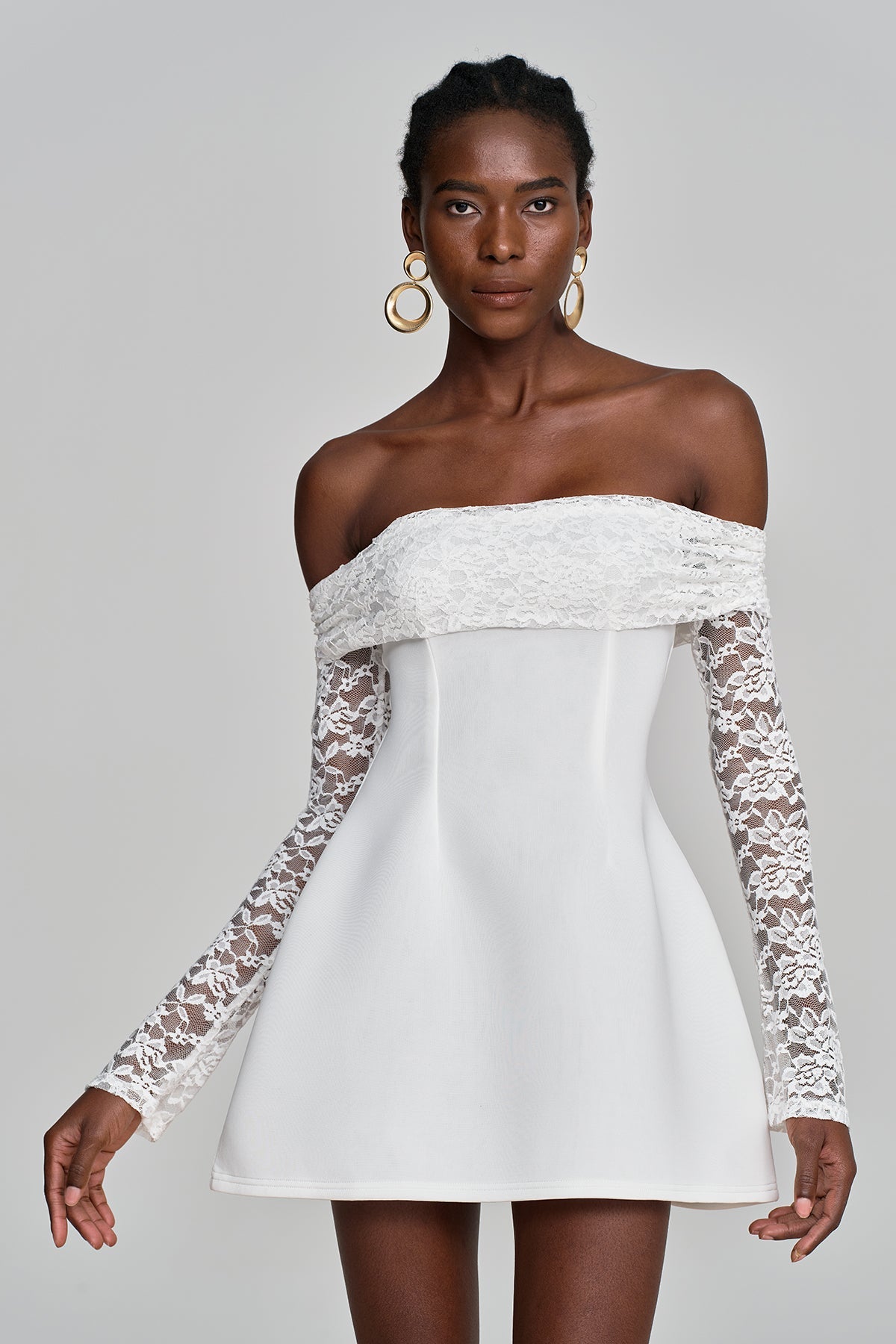 Amira Off Shoulder Lace Ruffle Mini Dress