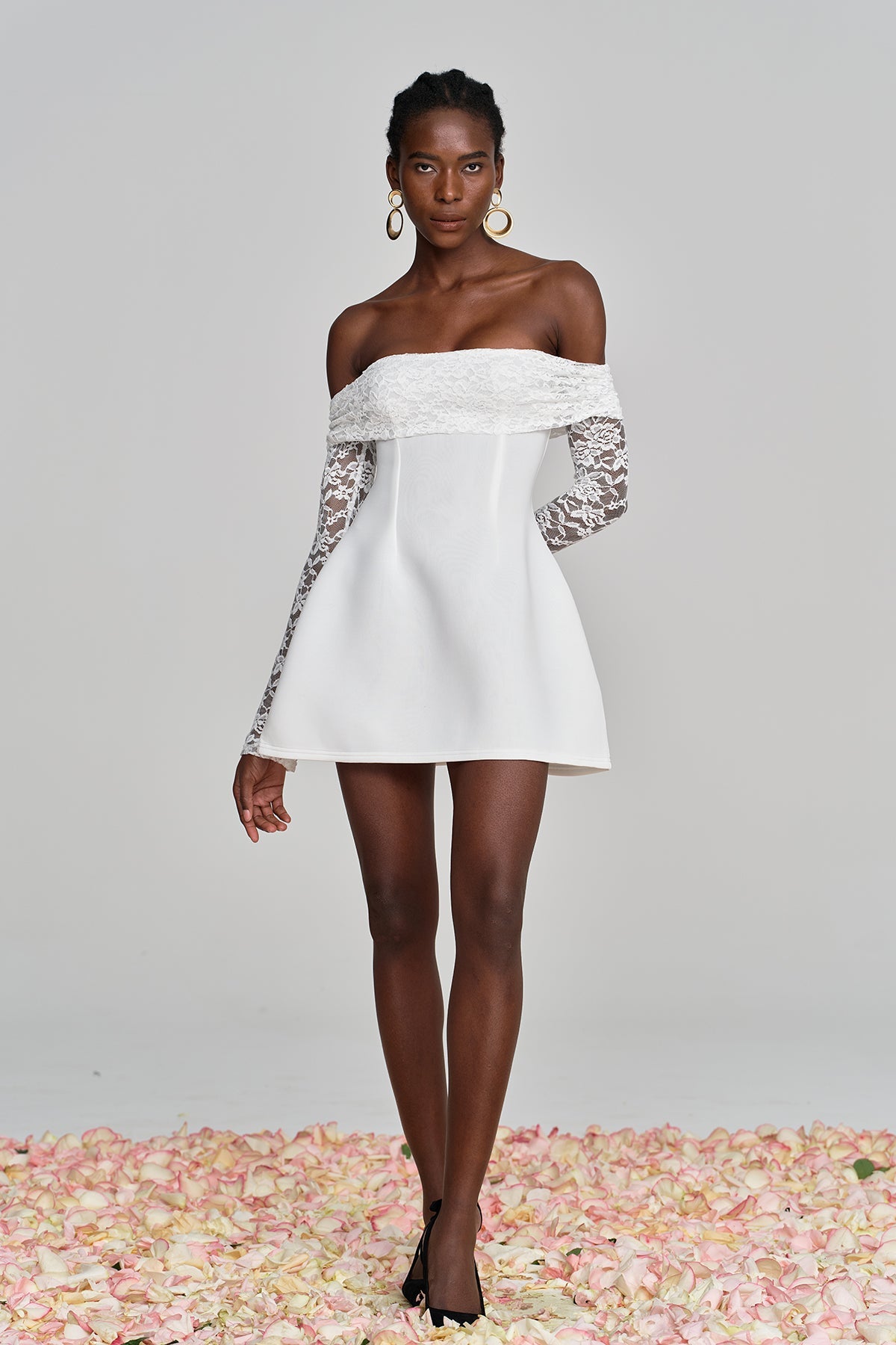 Amira Off Shoulder Lace Ruffle Mini Dress