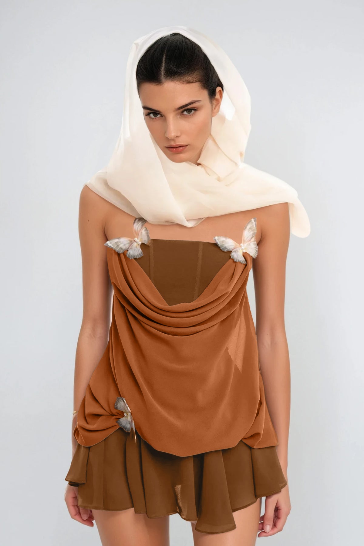 Ardelis Strapless Butterfly Mesh Ruffle Mini Dress