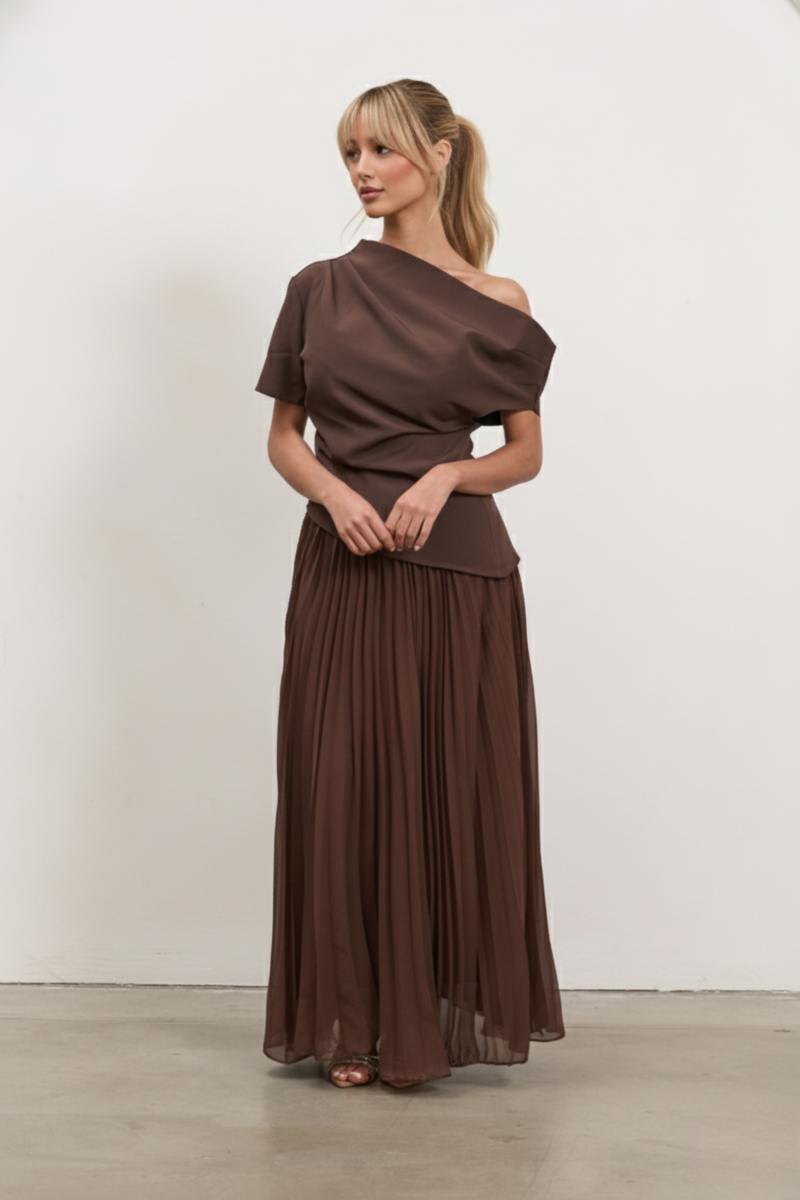 Asymmetrical Draped Top – One-Shoulder Elegant Top | BROWN 1