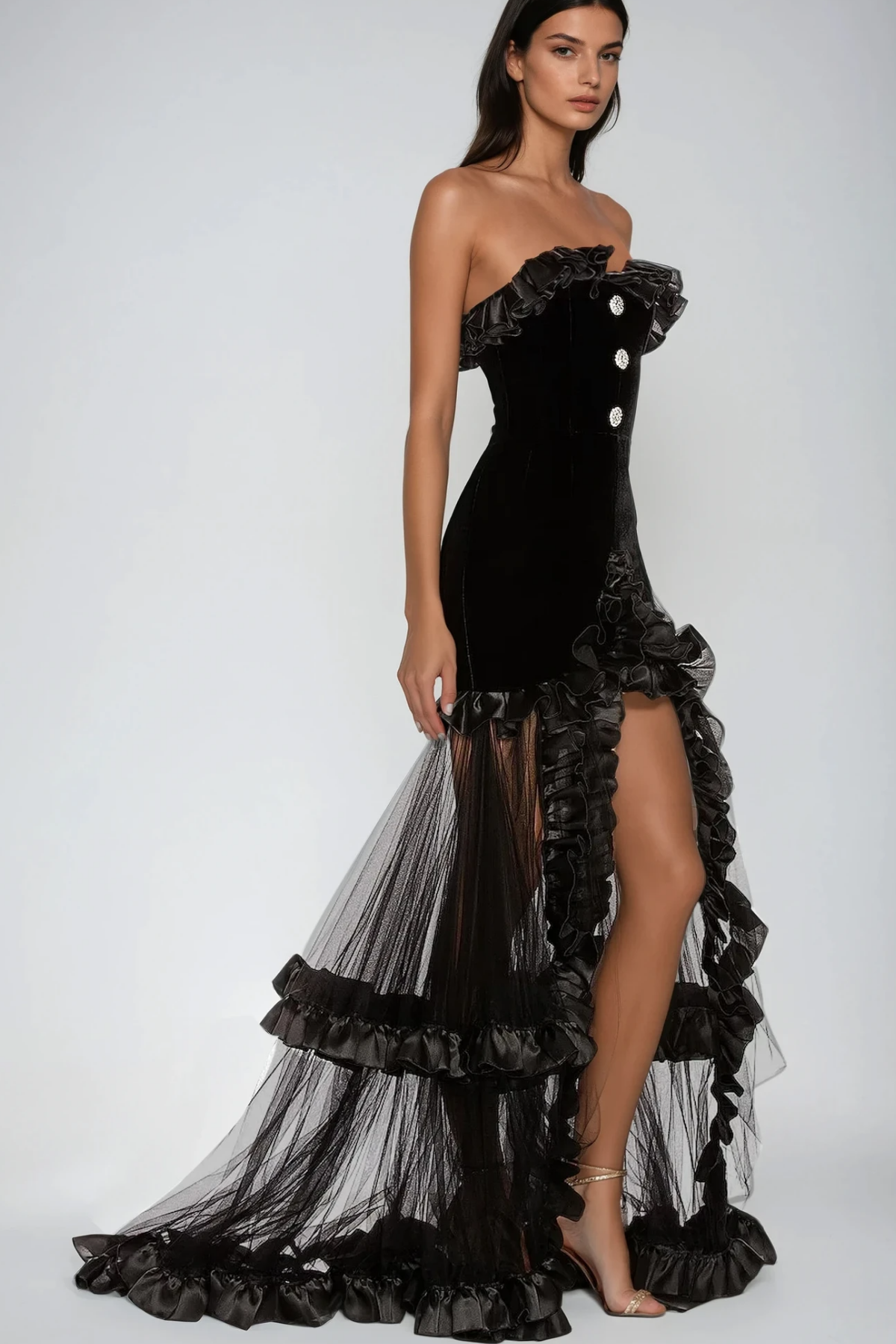 Barukh Ruffle Strapless Mesh Maxi Dress