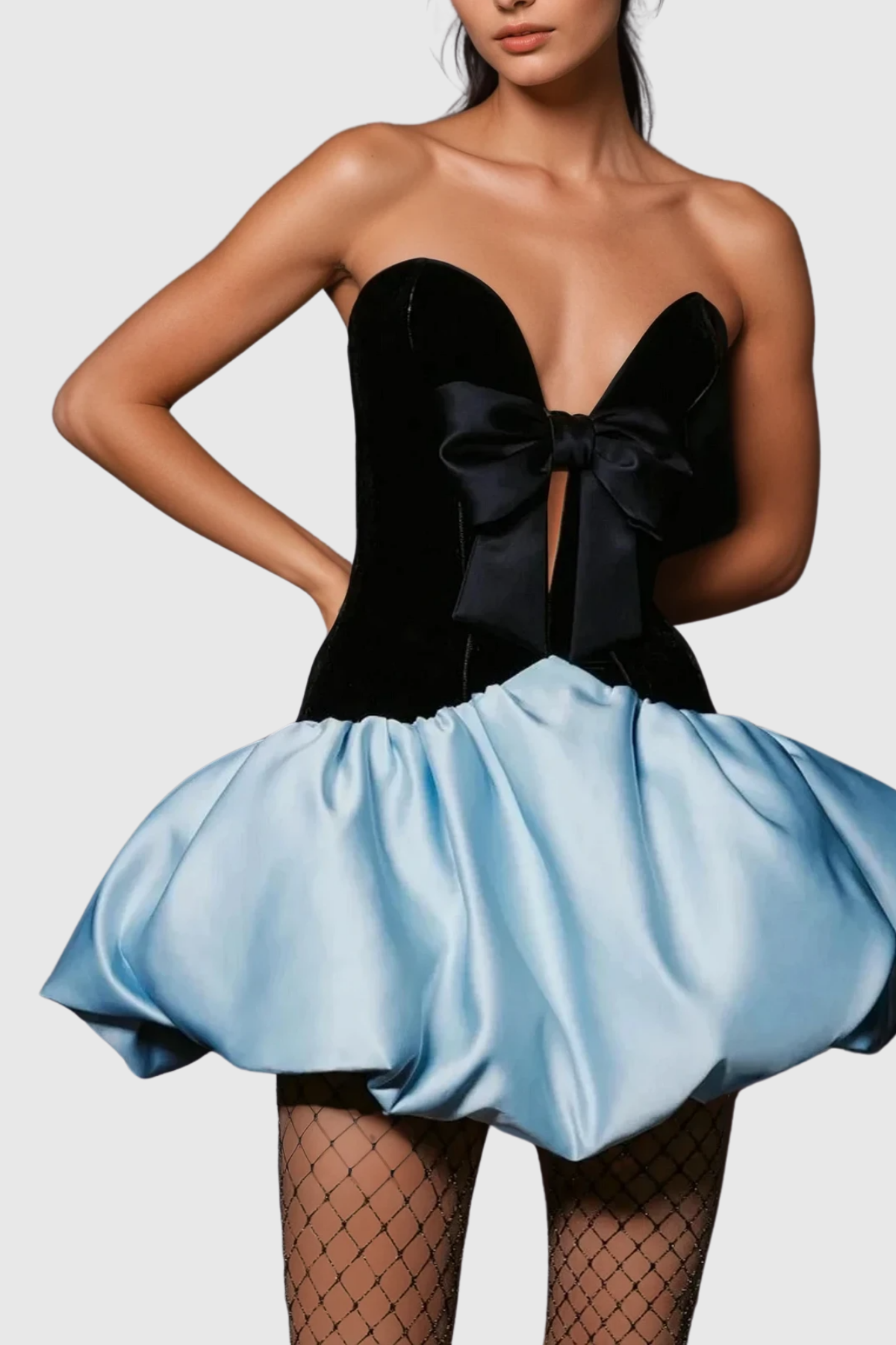 Bastian Strapless Bow Satin Puffy Mini Dress