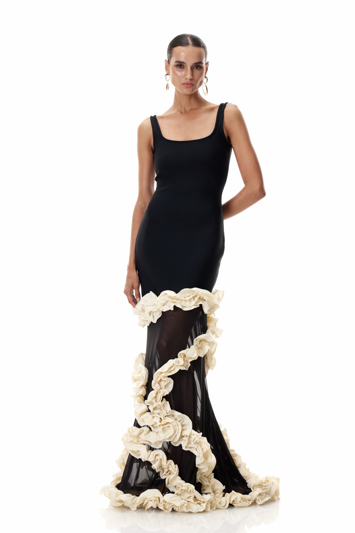 Beckah Mesh Ruffle Asymmetric Maxi Dress