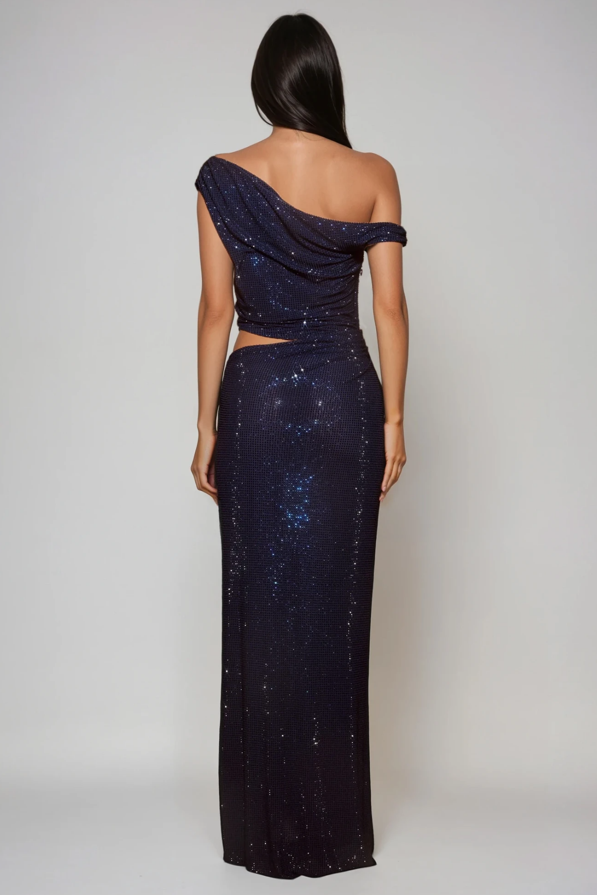 Berlioz Diamante One Shoulder Dress In Navy
