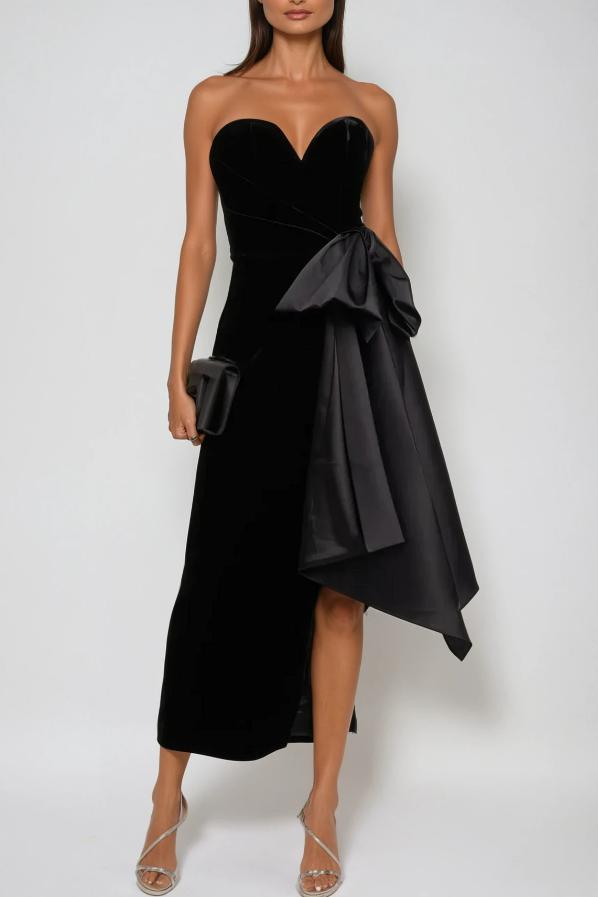 Beroe Strapless Asymmetric Bow Split Maxi Dress