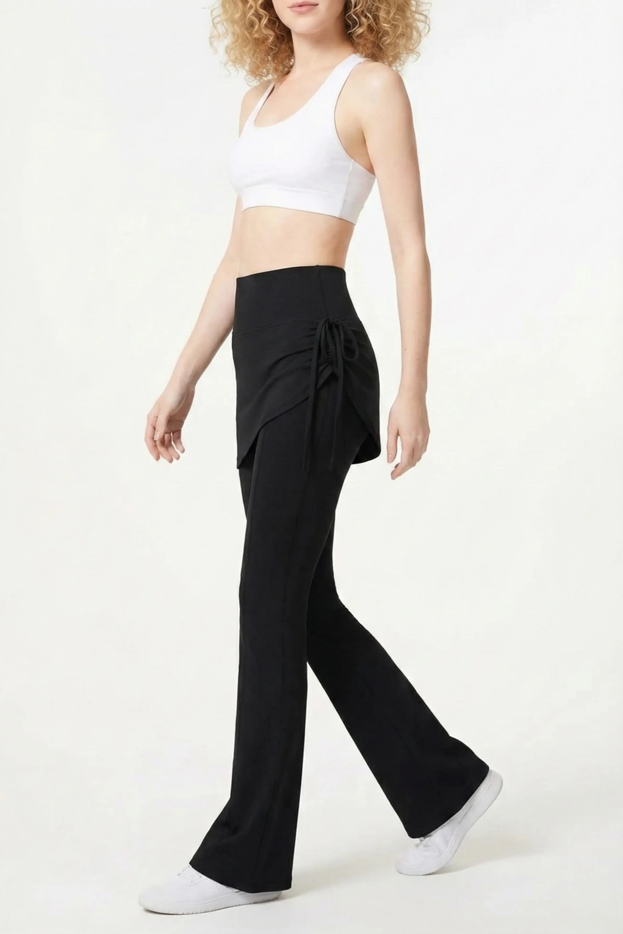 Black High-Waist Flared Pants with Ruched Overlay 2