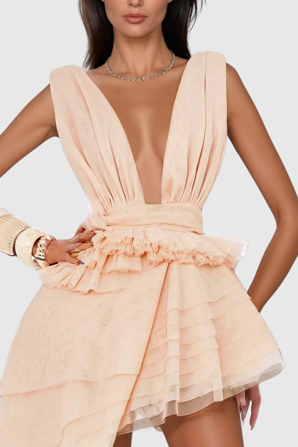 Forest Mat Ruch Mesh Asymmetric Mini Dress In Apricot