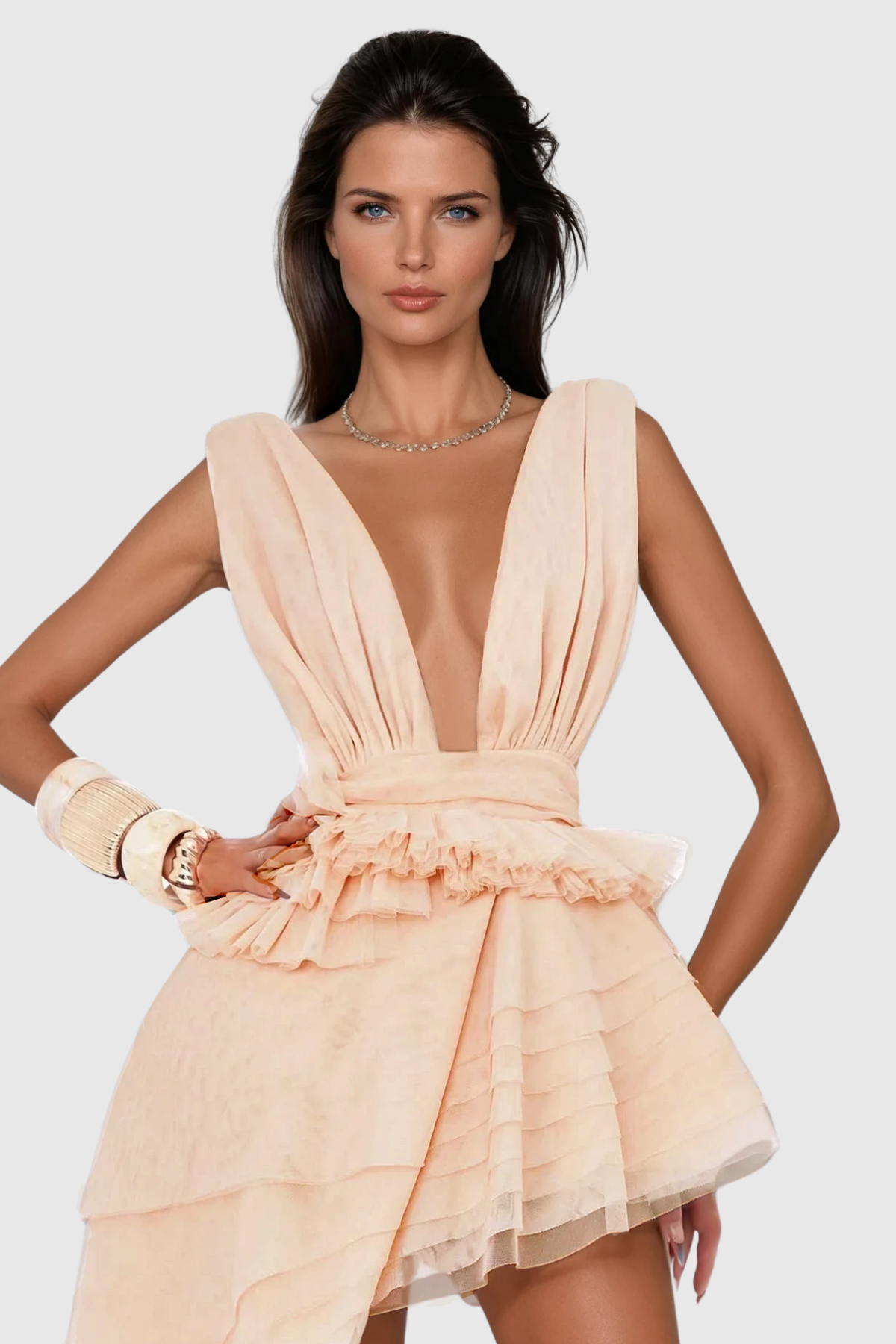 Forest Mat Ruch Mesh Asymmetric Mini Dress In Apricot