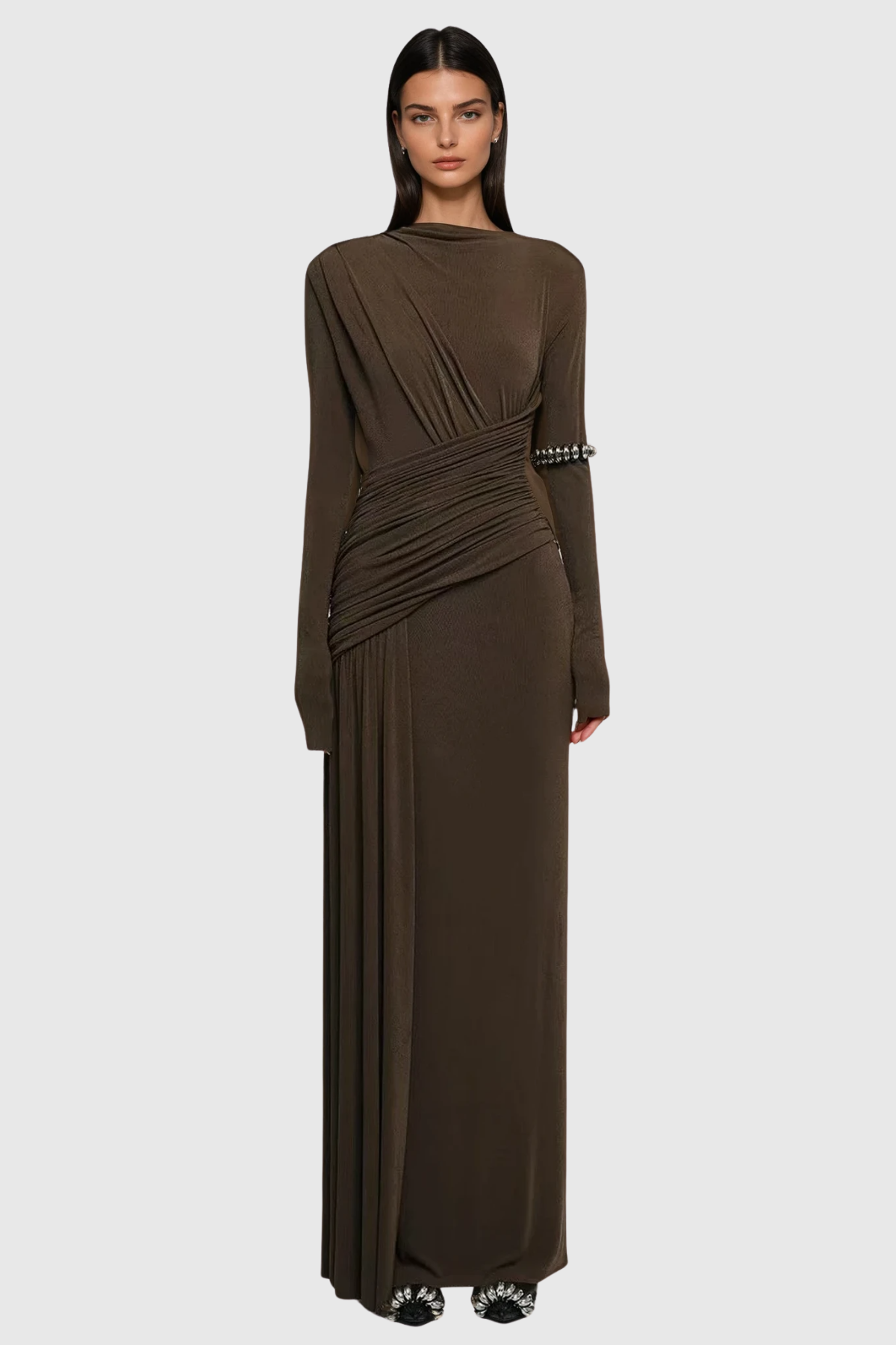 Cabdirashid Ruch Asymmetric Maxi Dress In Brown
