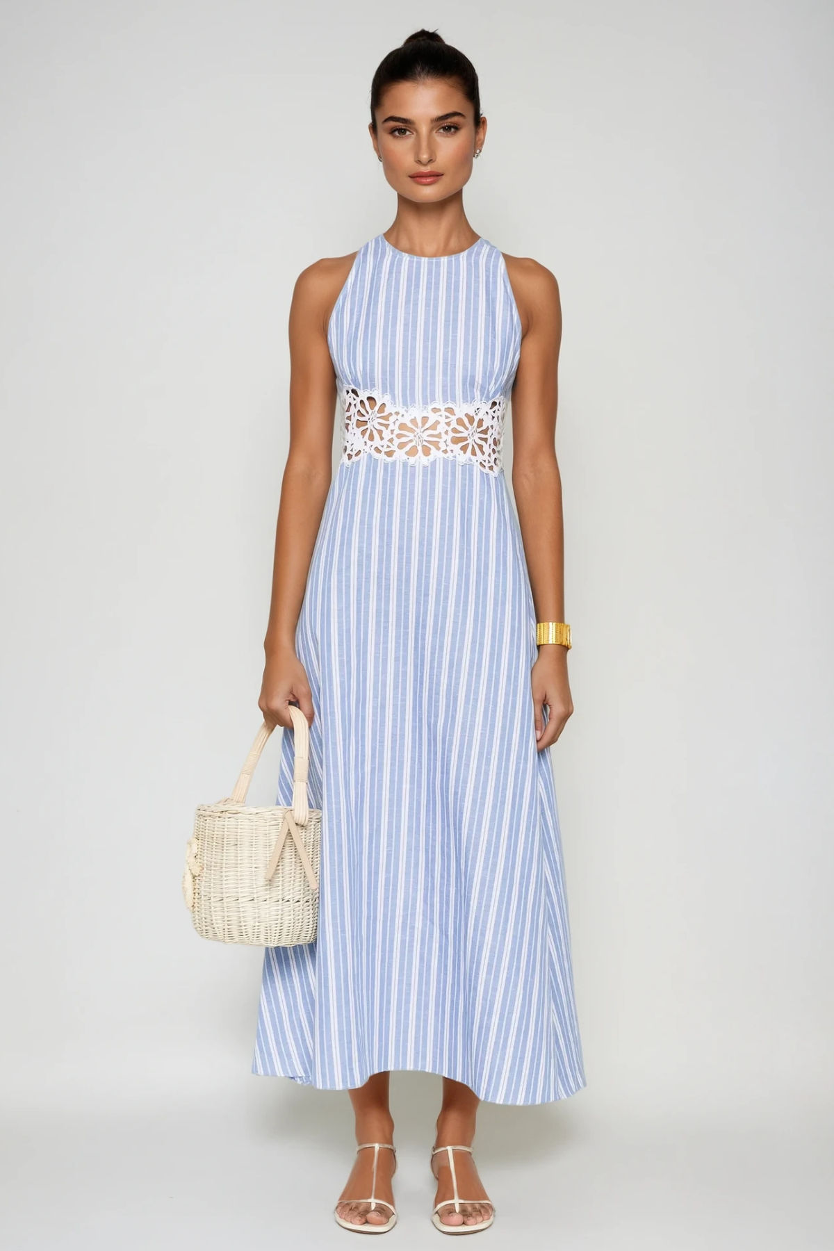 Caeso Sleeveless Stripe Cutout Maxi Dress