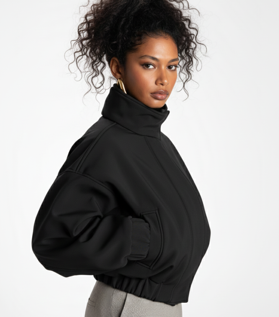 Chic Black Cropped Bomber Jacket – Bold High Collar & Elastic Hem Design 1