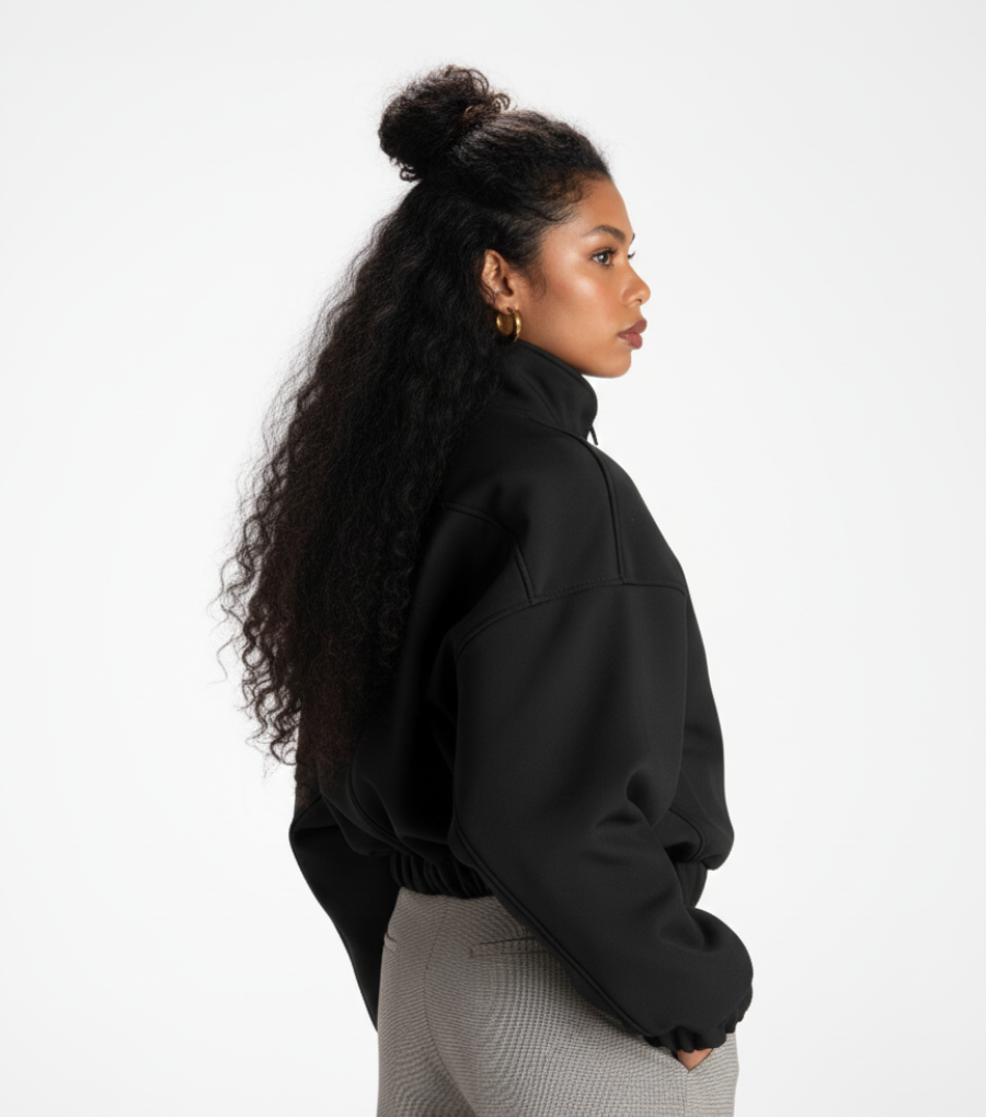 Chic Black Cropped Bomber Jacket – Bold High Collar & Elastic Hem Design 2