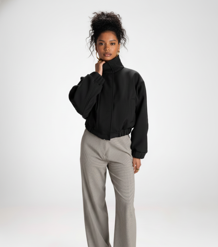 Chic Black Cropped Bomber Jacket – Bold High Collar & Elastic Hem Design 3