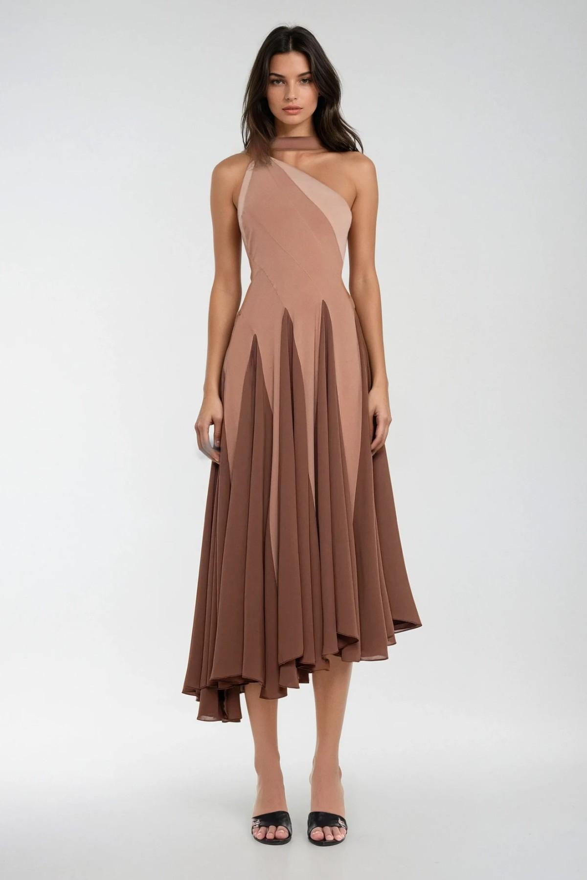 Chip One Shoulder Asymmetric Ruffle Midi Dress