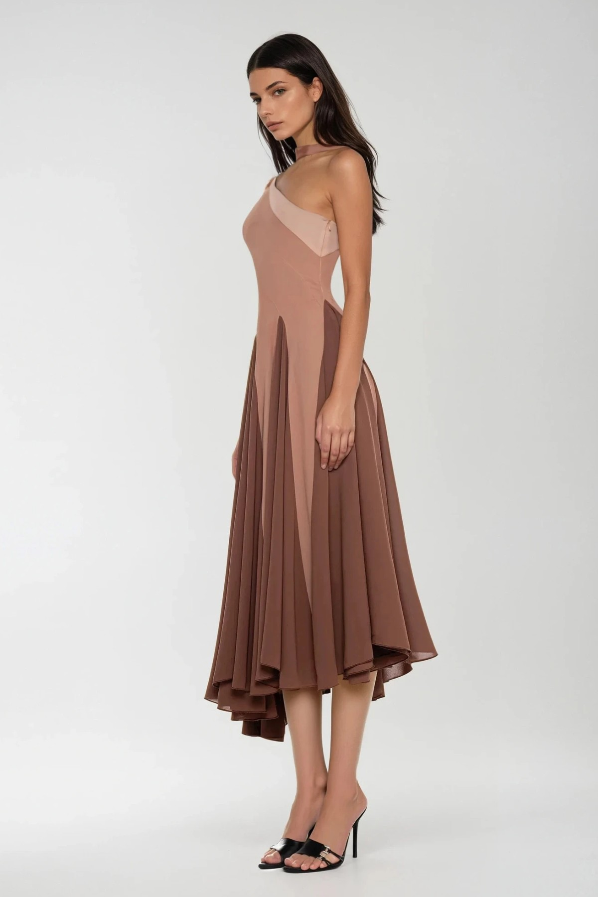 Chip One Shoulder Asymmetric Ruffle Midi Dress