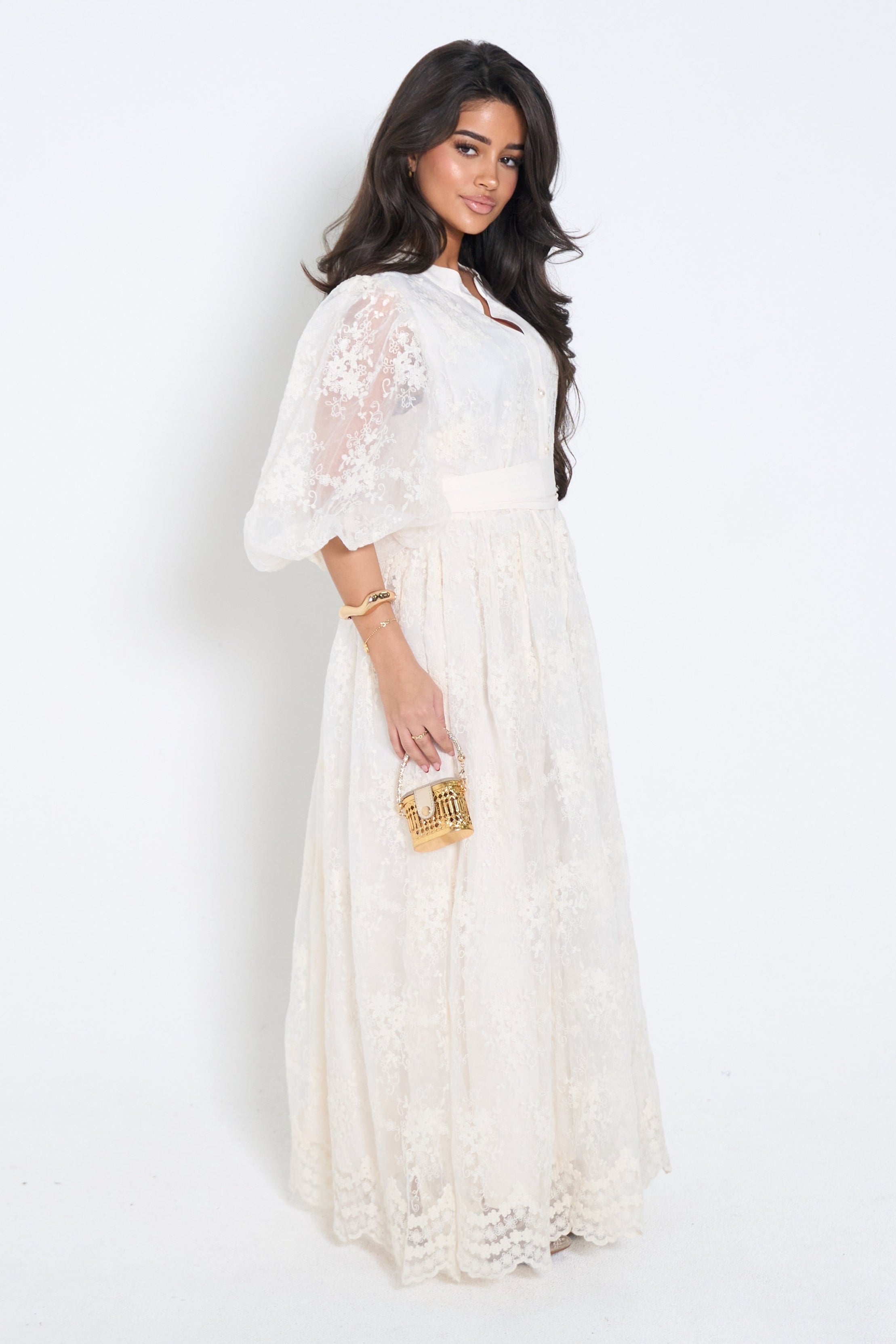 Classic Lace Maxi Dress – Ecru | Elegant Puff Sleeve Dress
