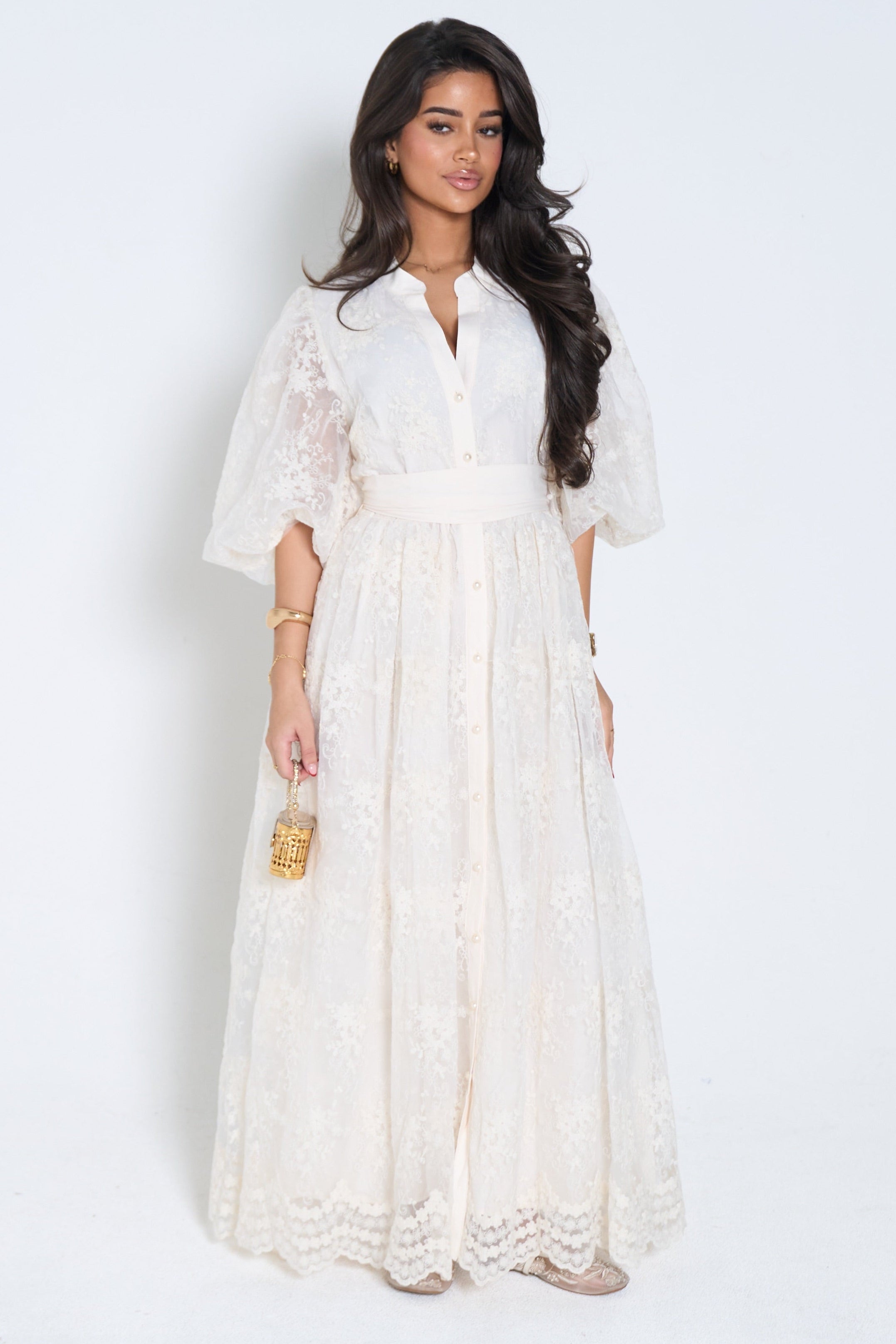 Classic Lace Maxi Dress – Ecru | Elegant Puff Sleeve Dress