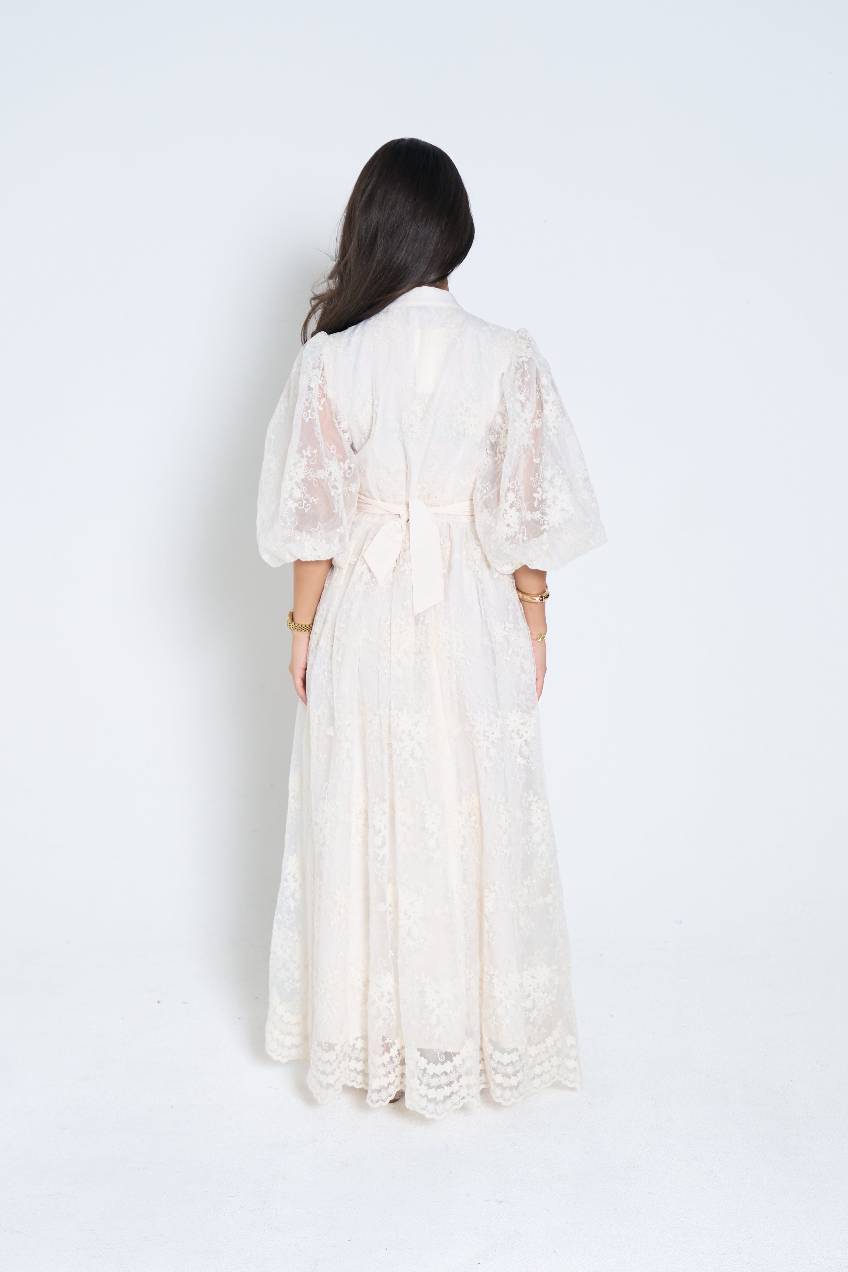 Classic Lace Maxi Dress – Ecru | Elegant Puff Sleeve Dress