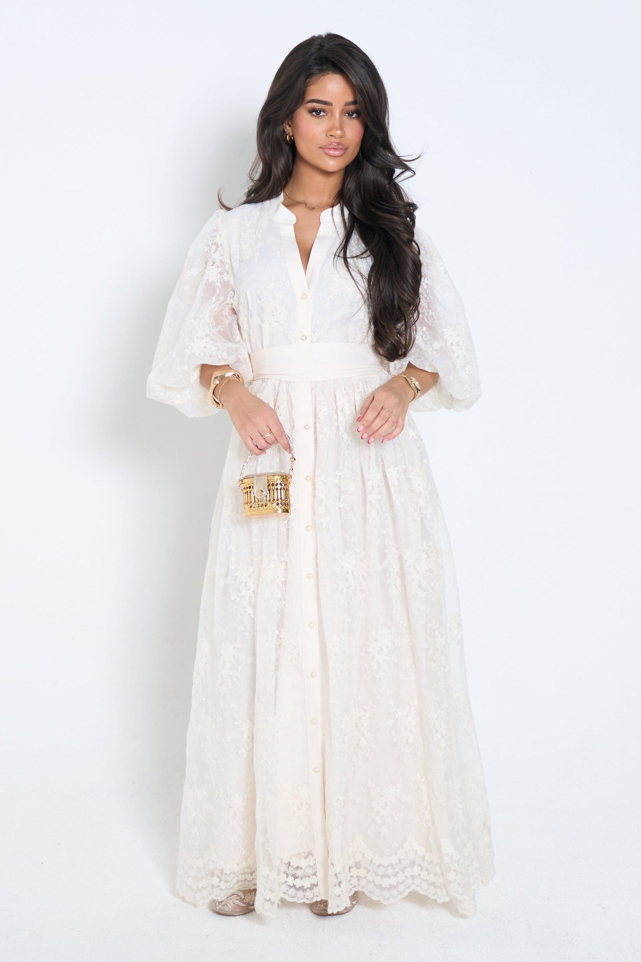 Classic Lace Maxi Dress – Ecru | Elegant Puff Sleeve Dress