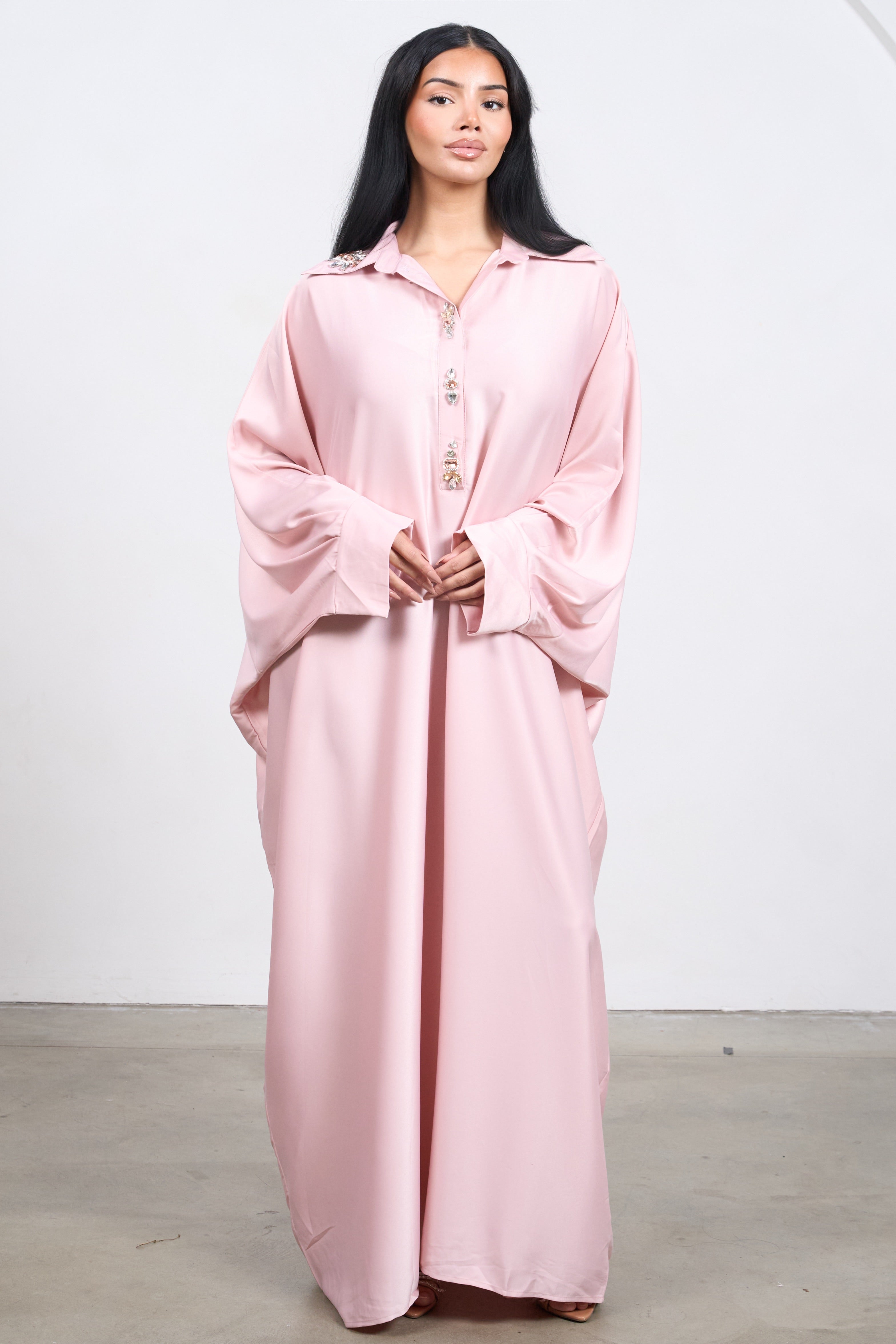 Crystal Button Abaya – Elegant Modest Dress with Crystal Detail
