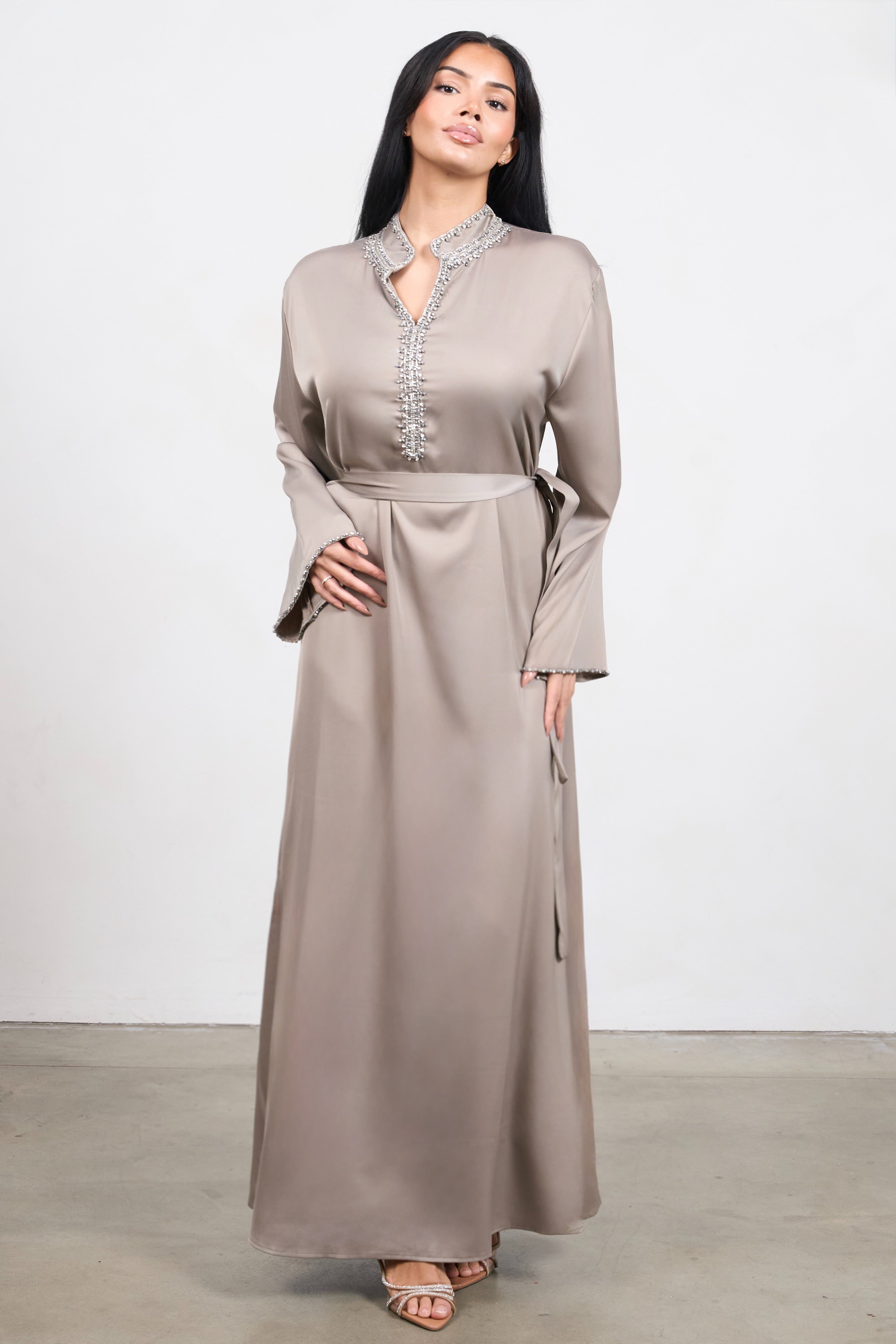 Crystal Edge Kaftan – Elegant Hand-Embellished Modest Dress