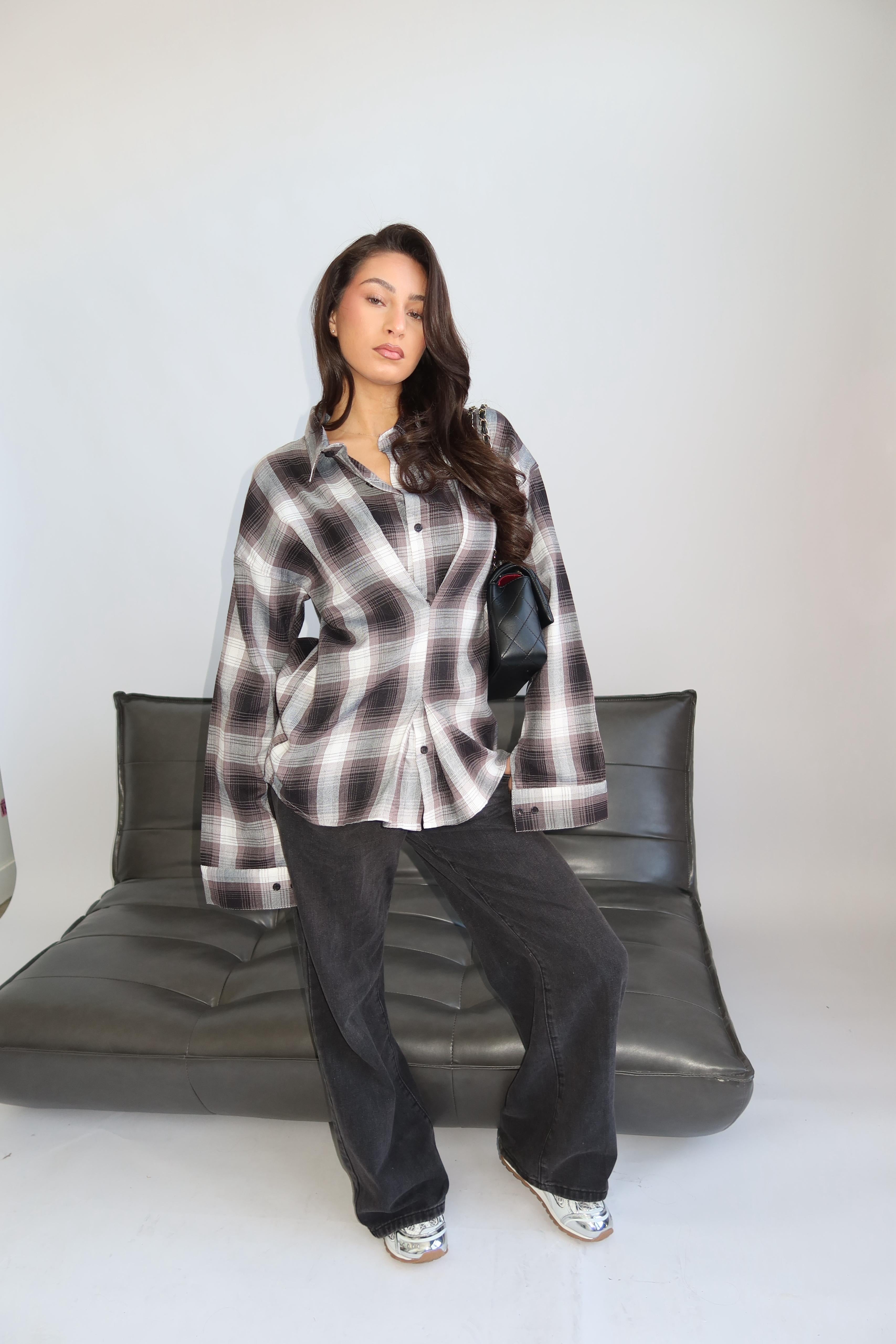 Women’s Brushed Plaid Button Shirt – Relaxed Luxe Layering Essential