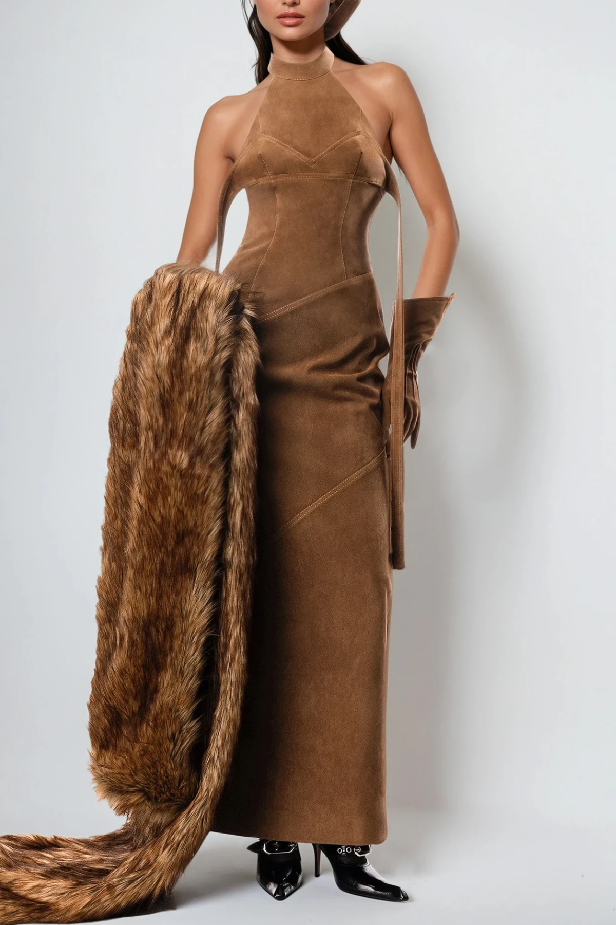 Suede Halter Neck Maxi Dress – Women’s Evening Dress