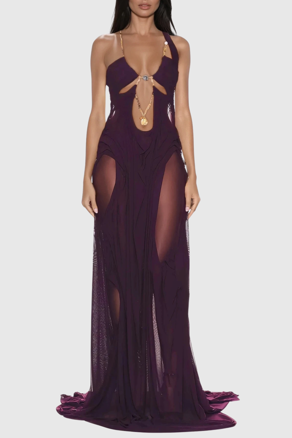 Davis Plunge Chain Asymmetric Maxi Dress In Deep Purple