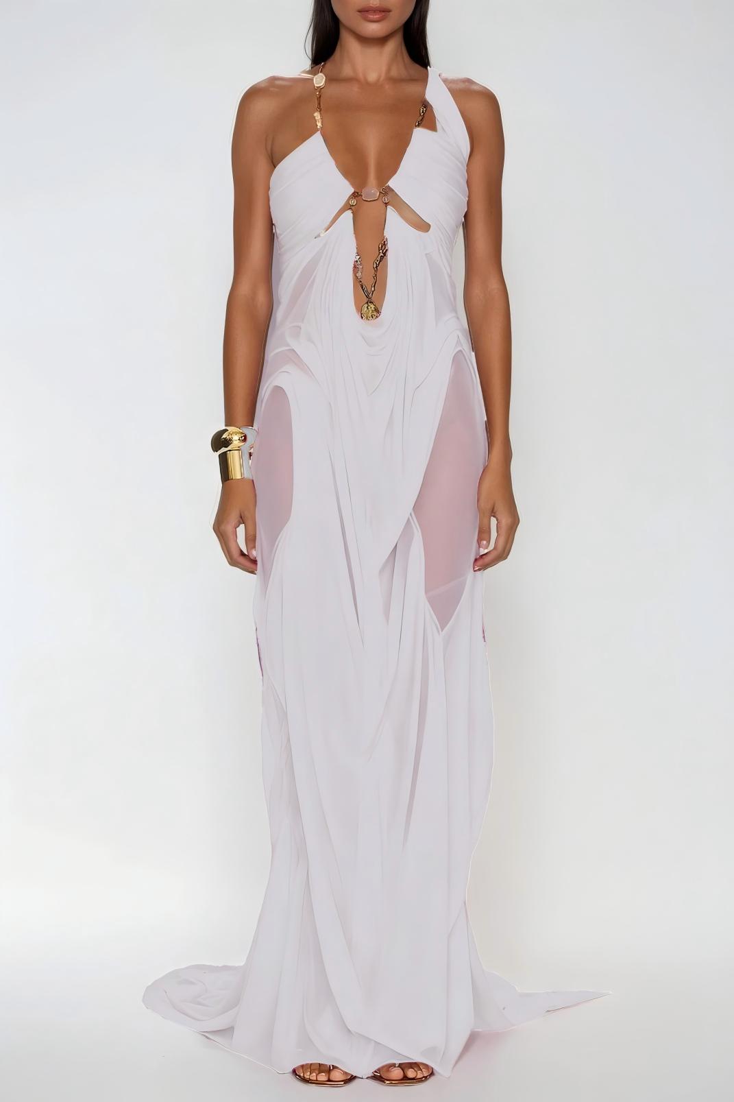 Davis Plunge Chain Asymmetric Maxi Dress In White