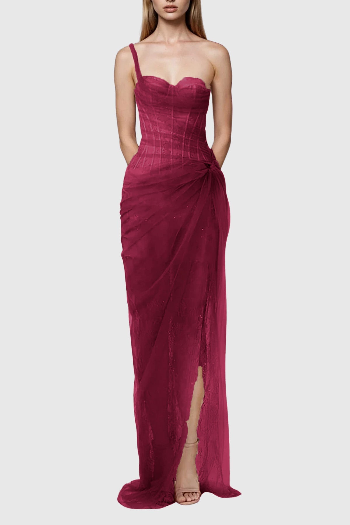 Red One-Shoulder Corset Mesh Maxi Dress – Elegant Evening Gown
