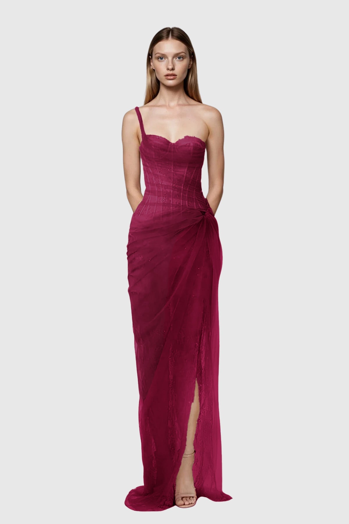 Red One-Shoulder Corset Mesh Maxi Dress – Elegant Evening Gown