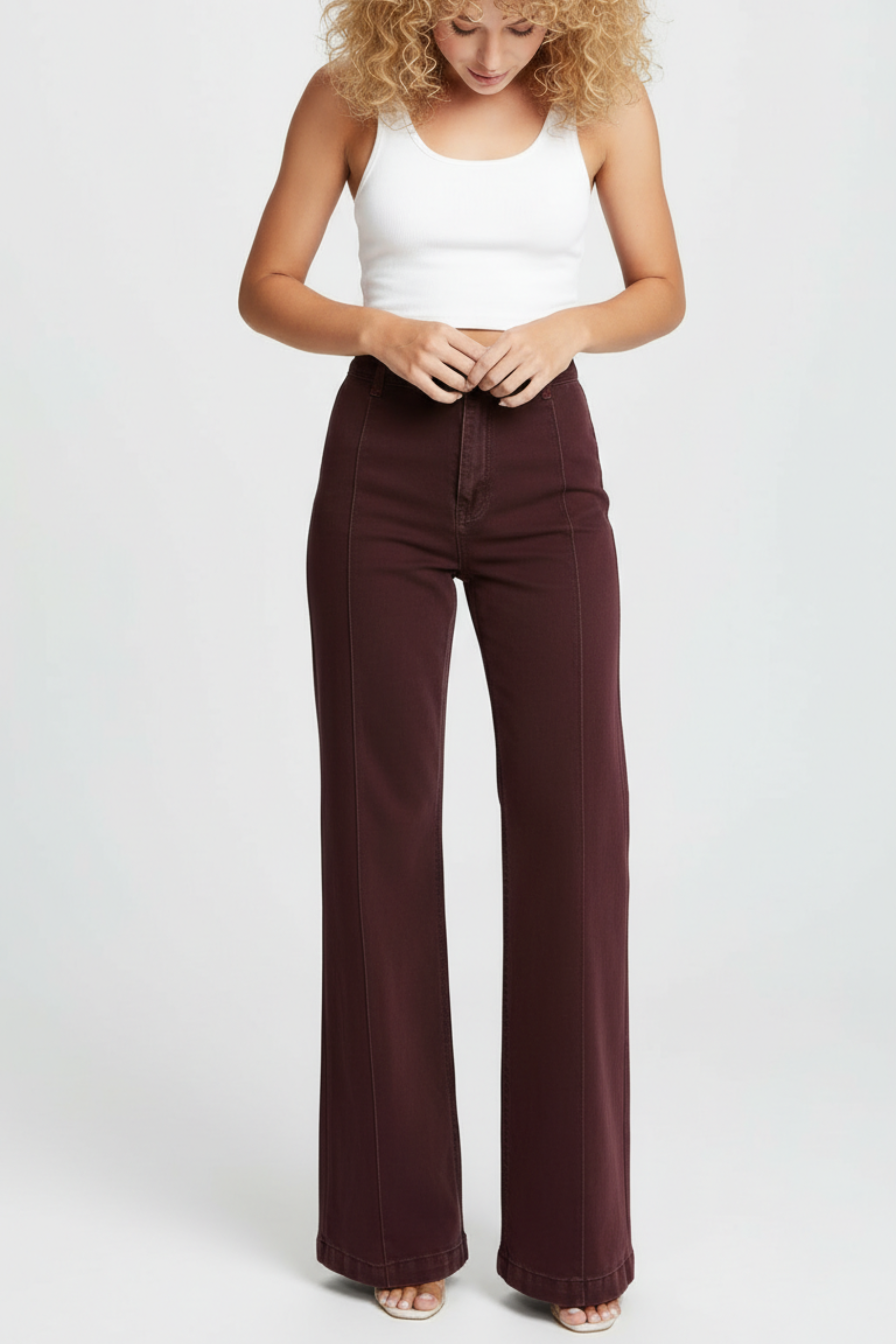 Elevated Red Wine Ribbed High-Rise Flare Pants 1