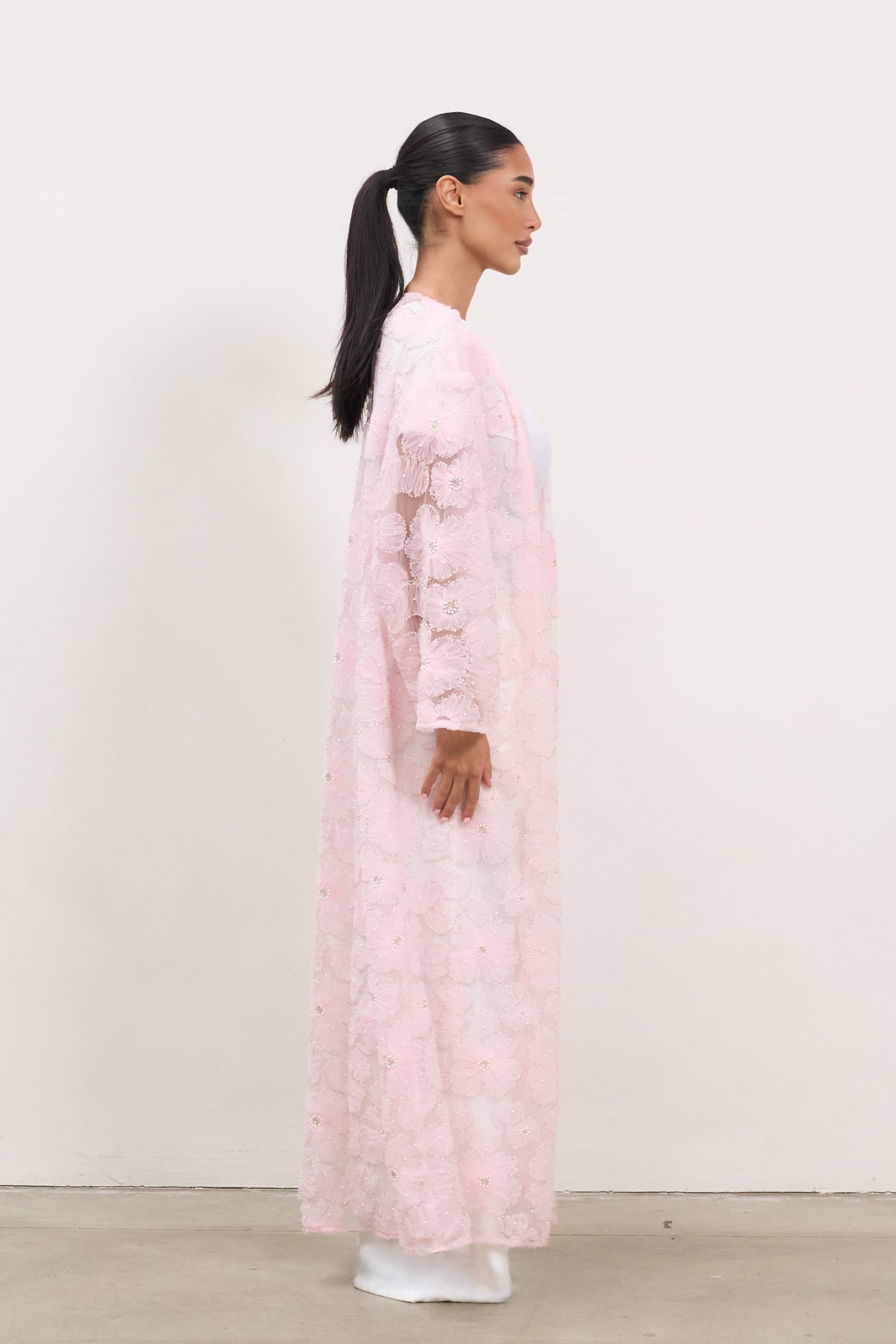 Floral Lace Abaya – Embellished Modest Dress with Scarf