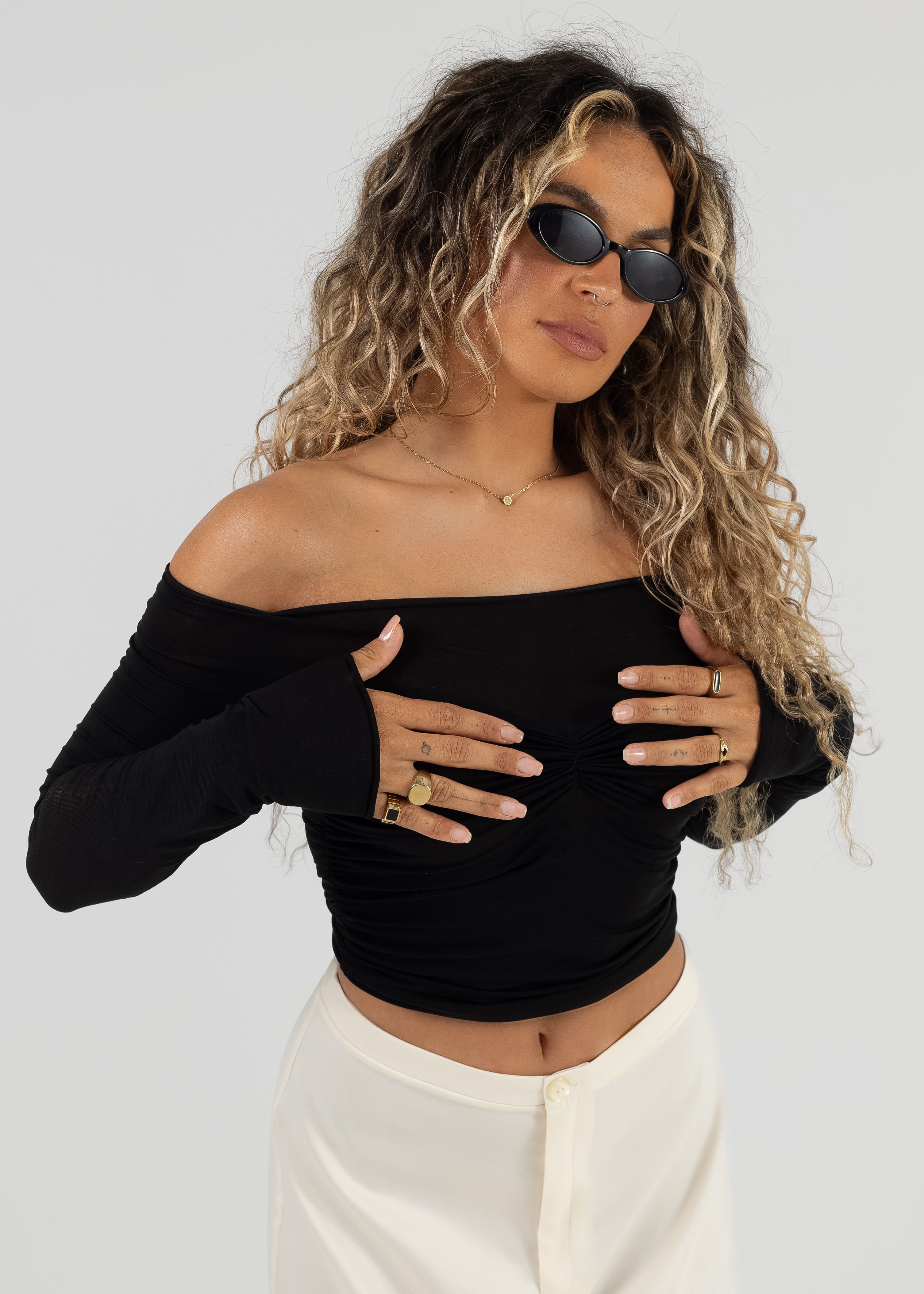 Women’s Off-Shoulder Pleated Top – Sculpted Long Sleeve Fit