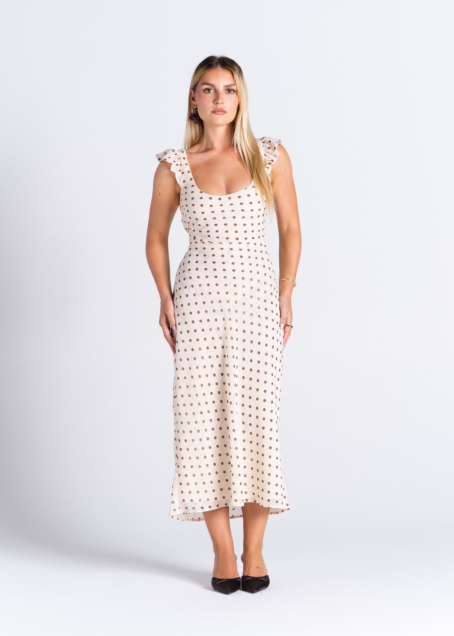 Carmen Polka Dot Midi Dress - Beige & Brown