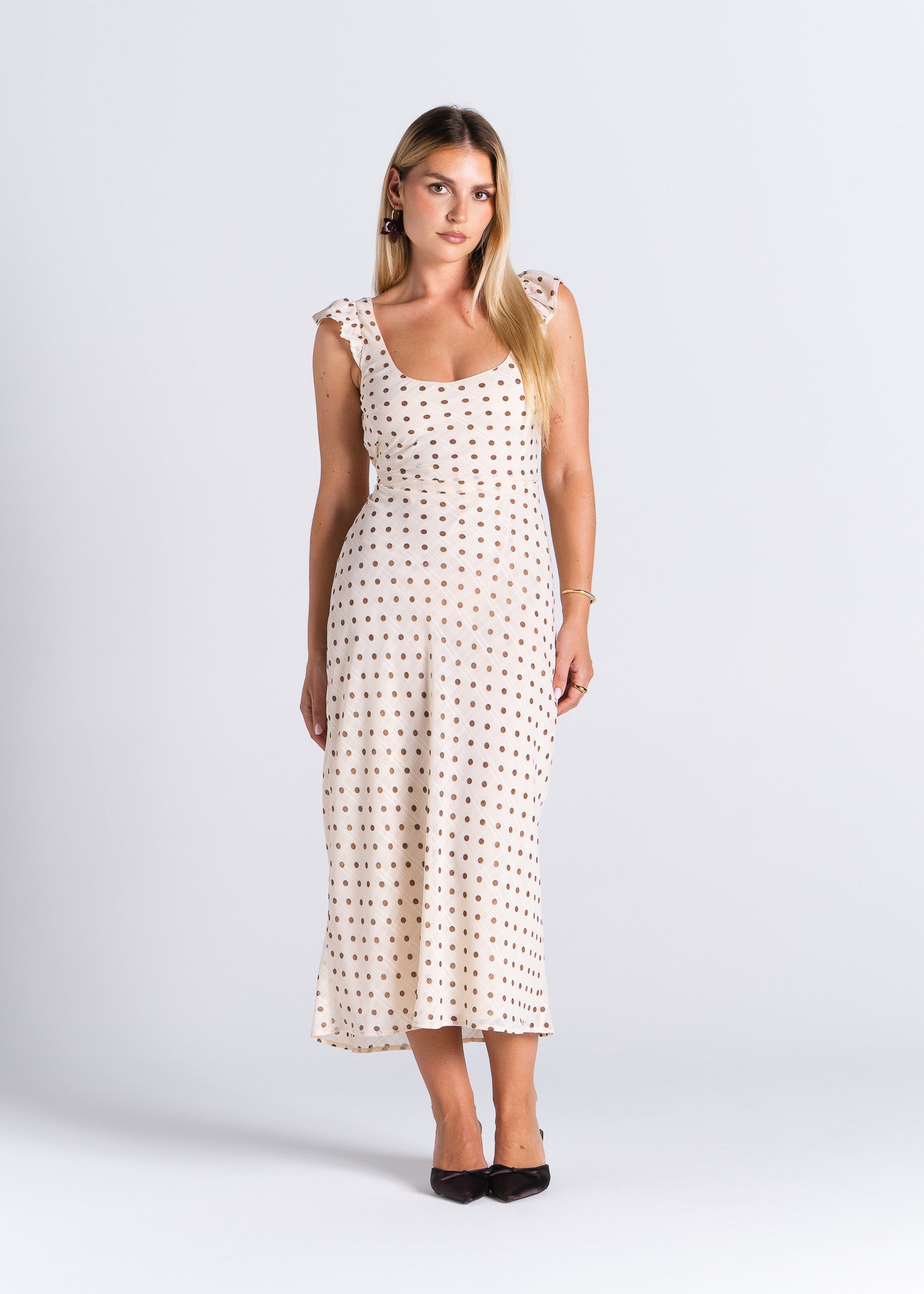 Carmen Polka Dot Midi Dress - Beige & Brown
