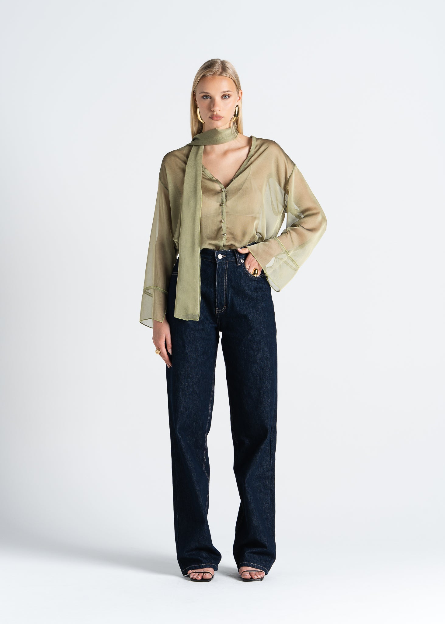 Haze Sheer Button-Up Blouse - Green