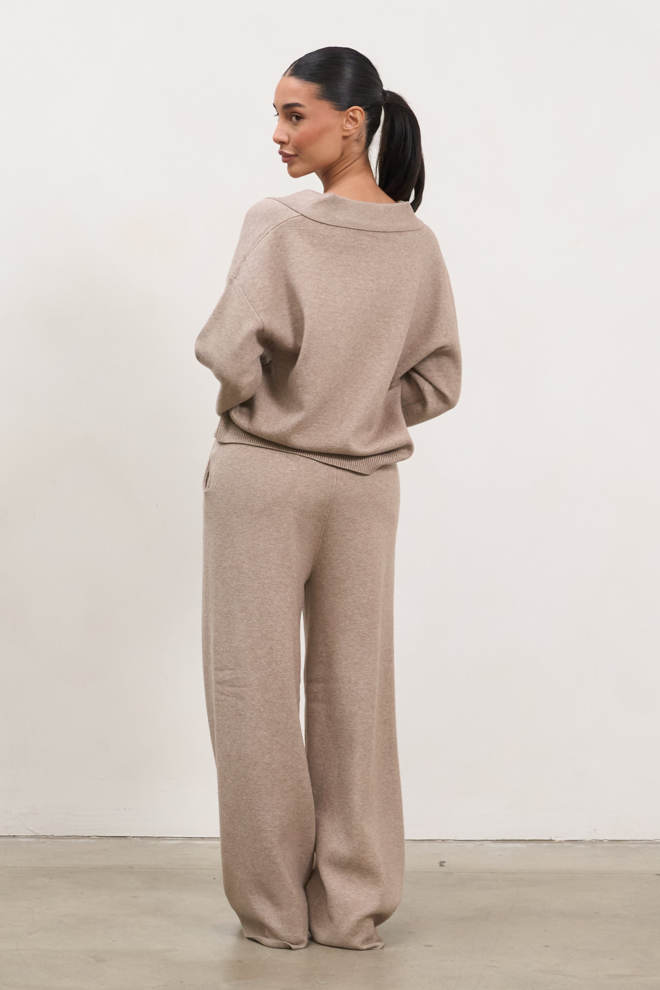 The Softline Knit Lounge Set | V-Neck Polo Sweater & Wide-Leg Knit Pants