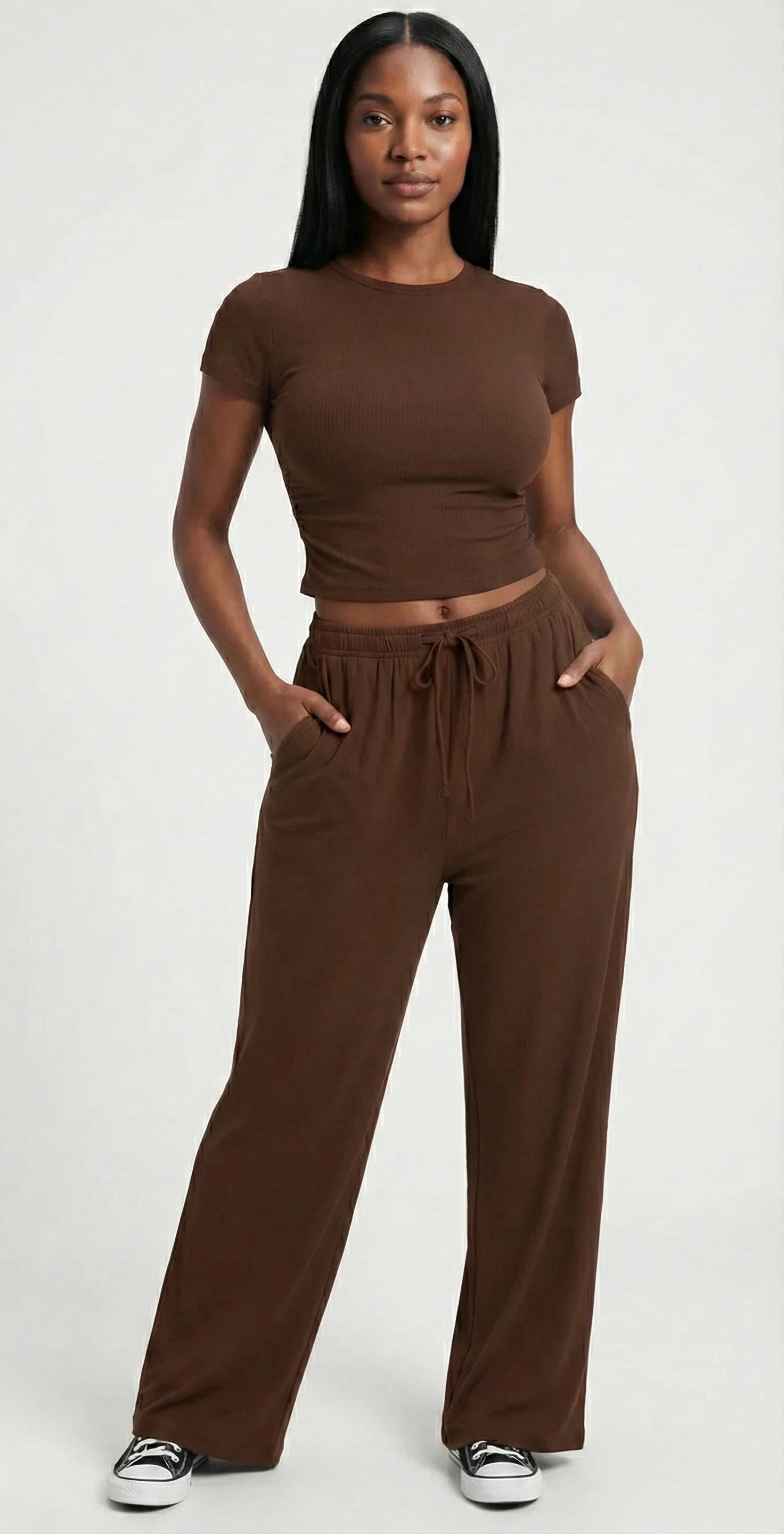LEWAIR’s Brown SoftTouch Lounge Set – Lightweight Matching Top & Wide-Leg Pants 1