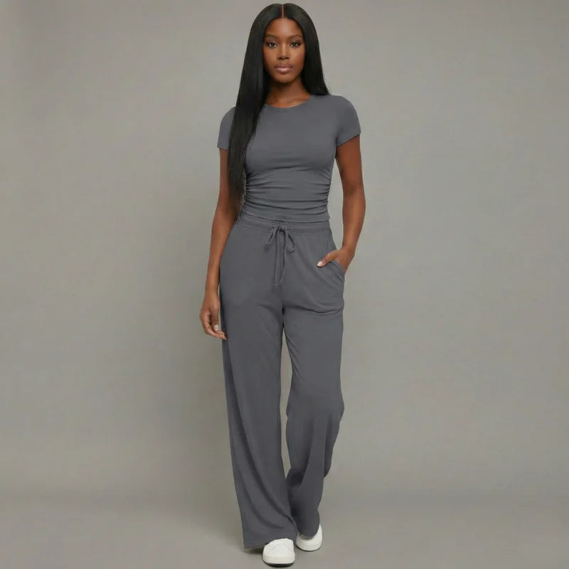 LEWAIR’s Dark Gray SoftTouch Lounge Set – Lightweight Matching Top & Wide-Leg Pants 1