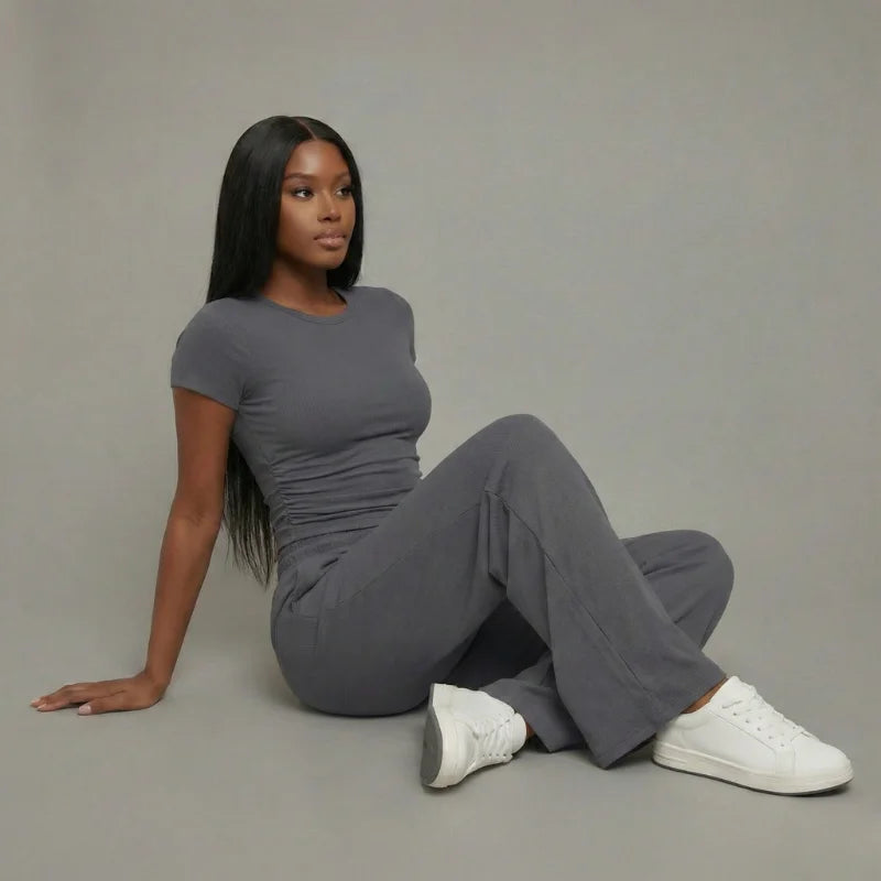 LEWAIR’s Dark Gray SoftTouch Lounge Set – Lightweight Matching Top & Wide-Leg Pants 2