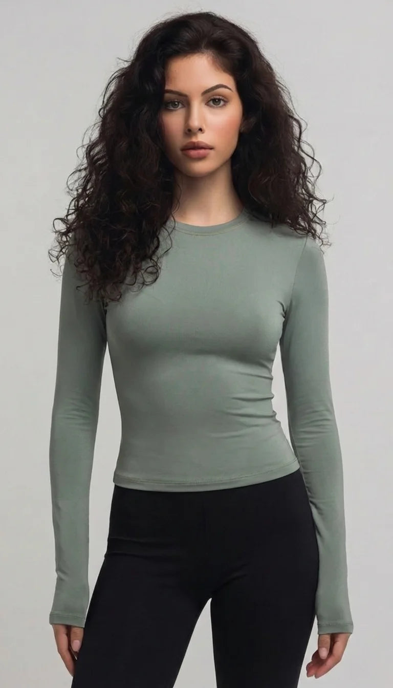 LEWAIR's Fitted Mock Neck Athletic Top in Dusty Green – Long Sleeve Performance Base Layer