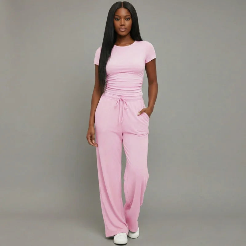 LEWAIR’s Pink SoftTouch Lounge Set – Lightweight Matching Top & Wide-Leg Pants 1