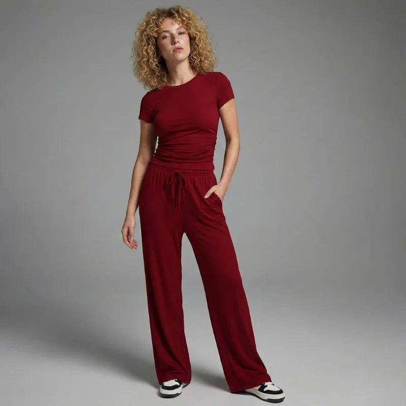 LEWAIR’s Red SoftTouch Lounge Set – Lightweight Matching Top & Wide-Leg Pants 1